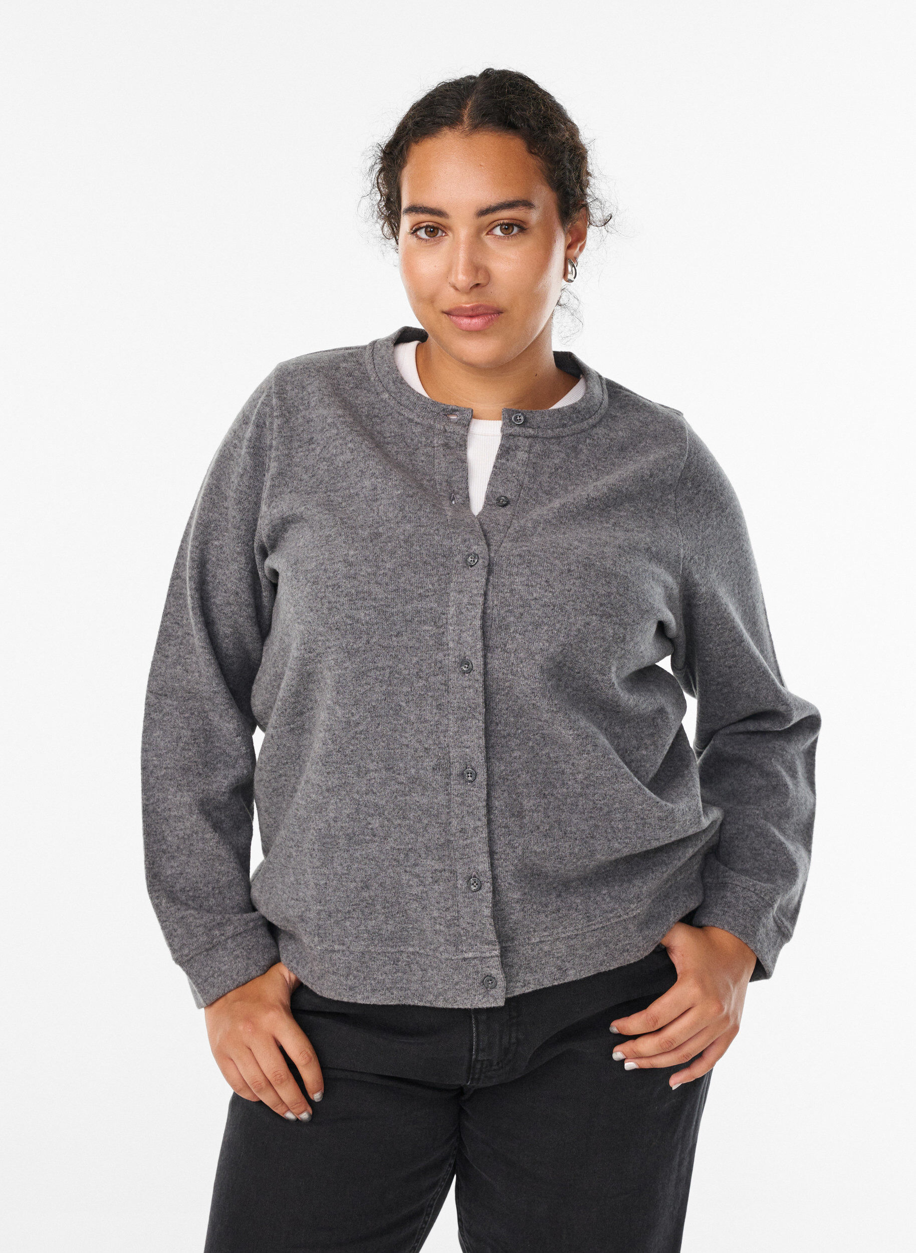 Zizzi Cardigan en jersey &agrave; col rond et boutons, Gris anthracite, Model image number 0