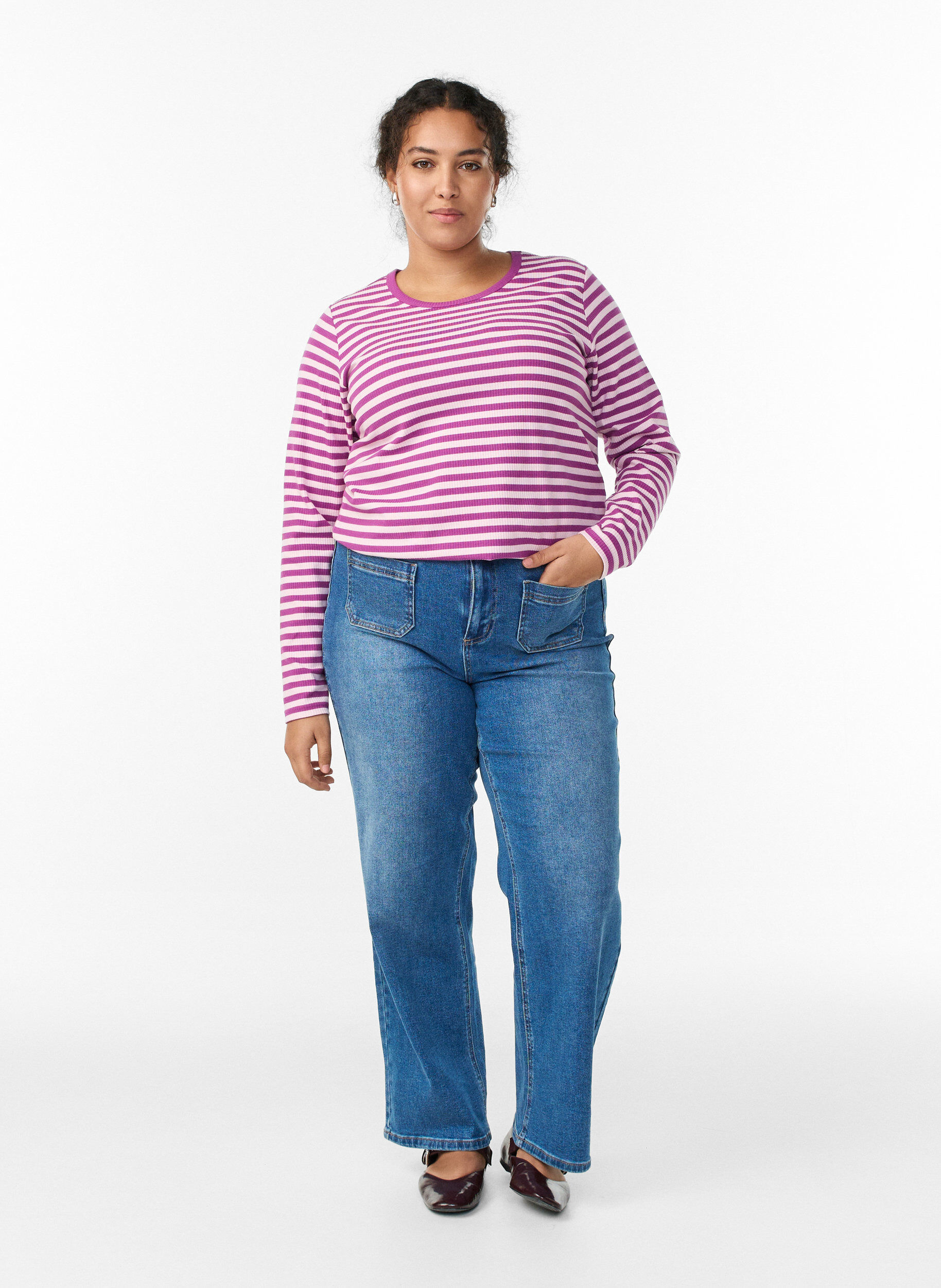 ZizziGestreifte Bluse mit langen &Auml;rmeln, Lila, Model image number 1