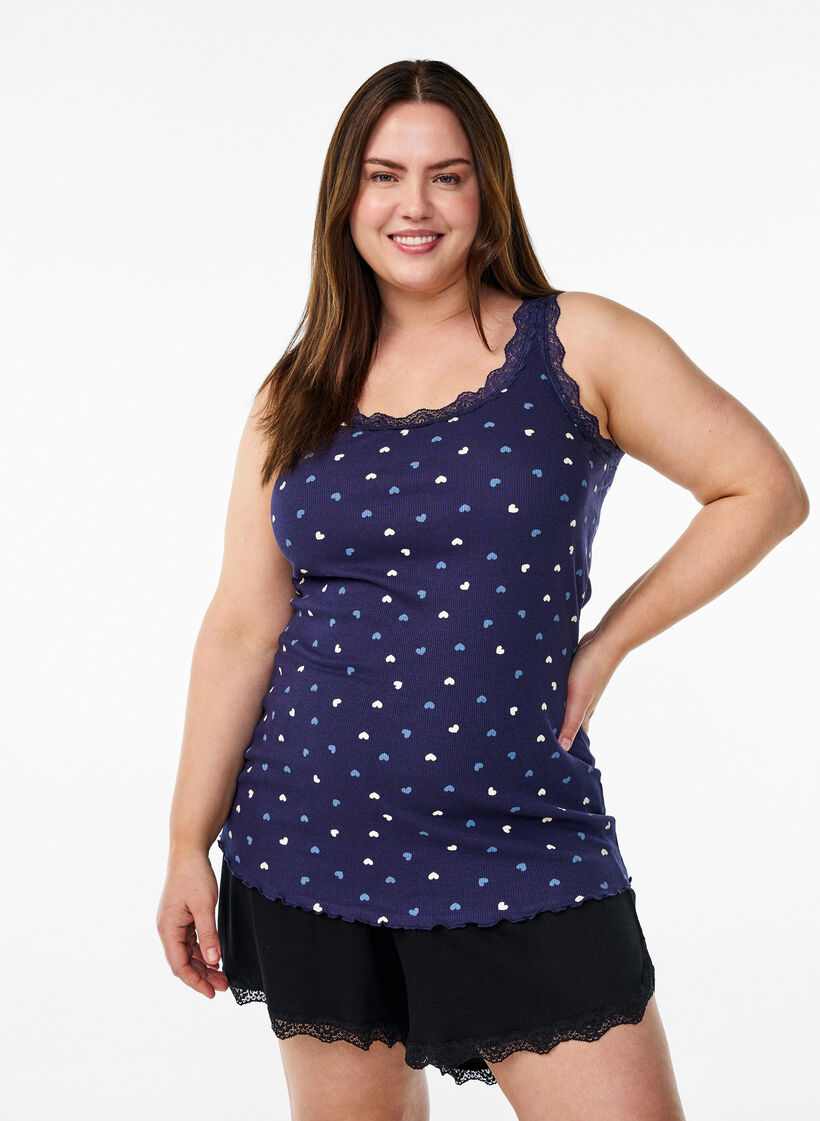 Top avec imprim&eacute; et bord en dentelle, Bleu, Model image number 0