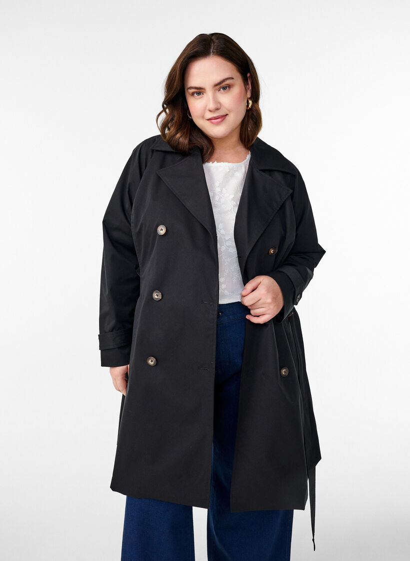 Trenchcoat in Midi-Länge mit Gürtel, Black, Model image number 0