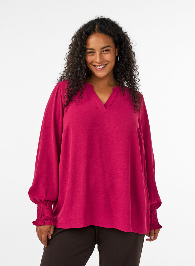 Bluse mit Smockb&uuml;ndchen und V-Ausschnitt, Rot, Model image number 0