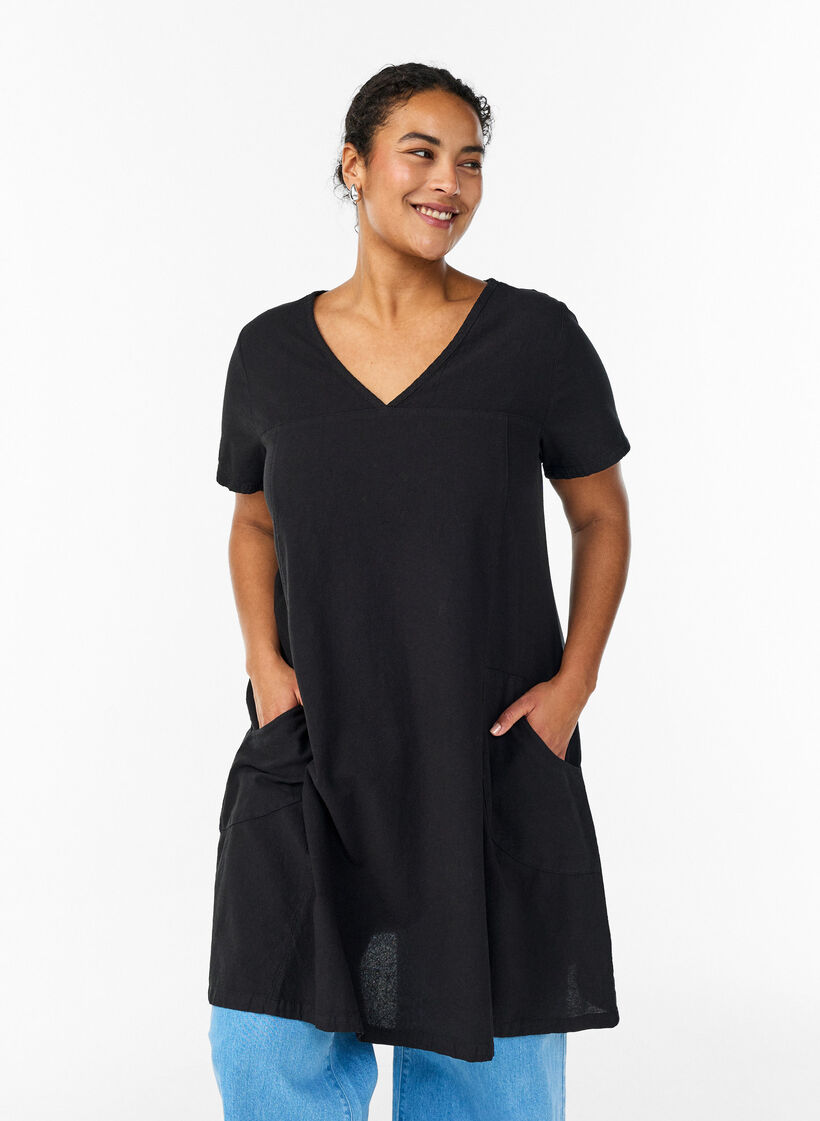 Kurzarm Kleid aus Baumwolle, Schwarz, Model image number 0