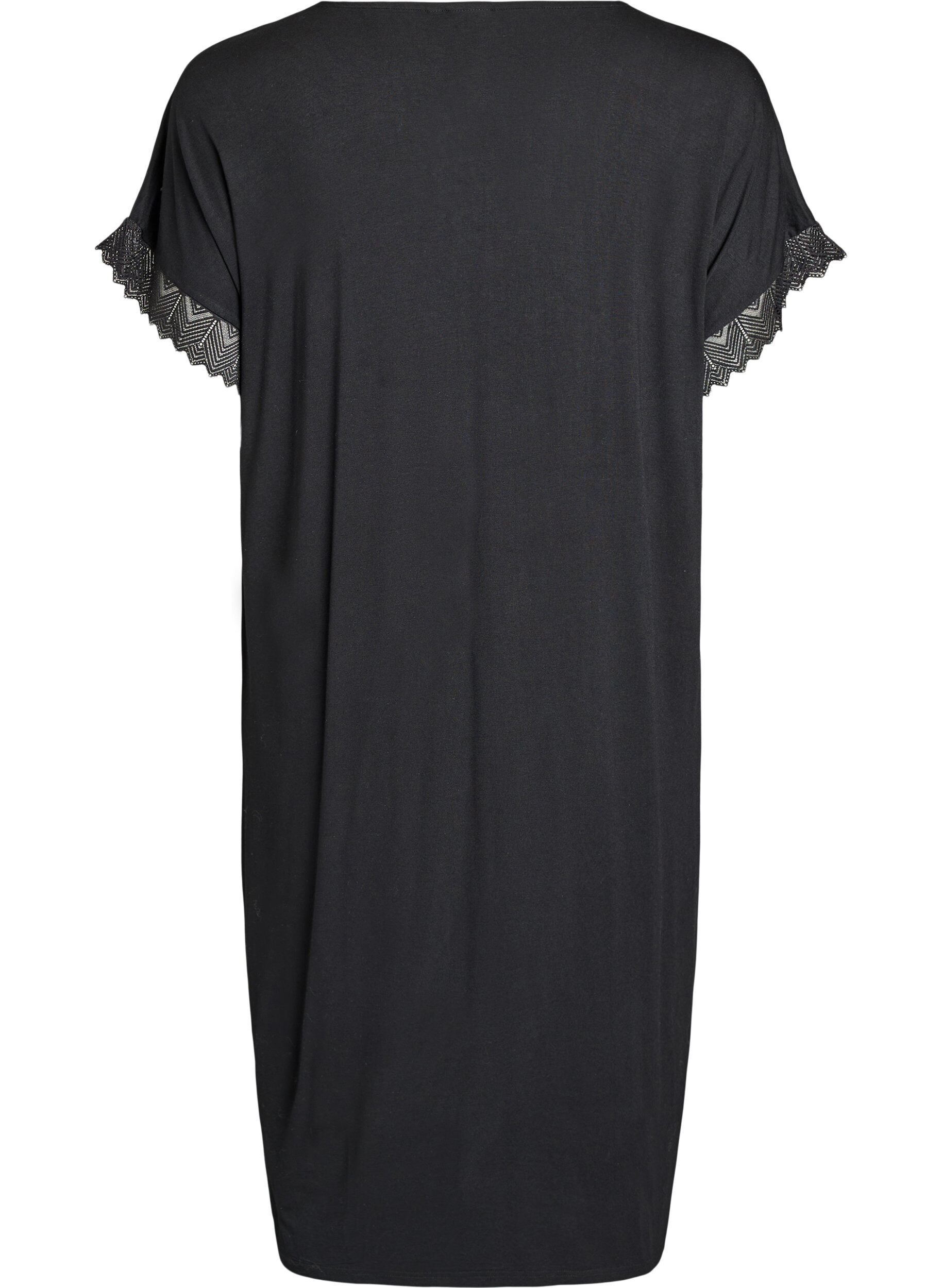 Zizzi Chemise de nuit en viscose manches courtes dentelle, Noir, Packshot image number 1
