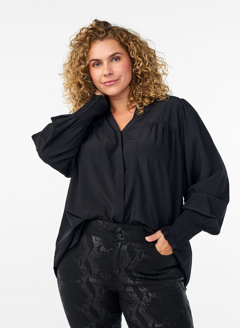 Blouse avec col &agrave; volants et fronces, Noir, Model image number 0