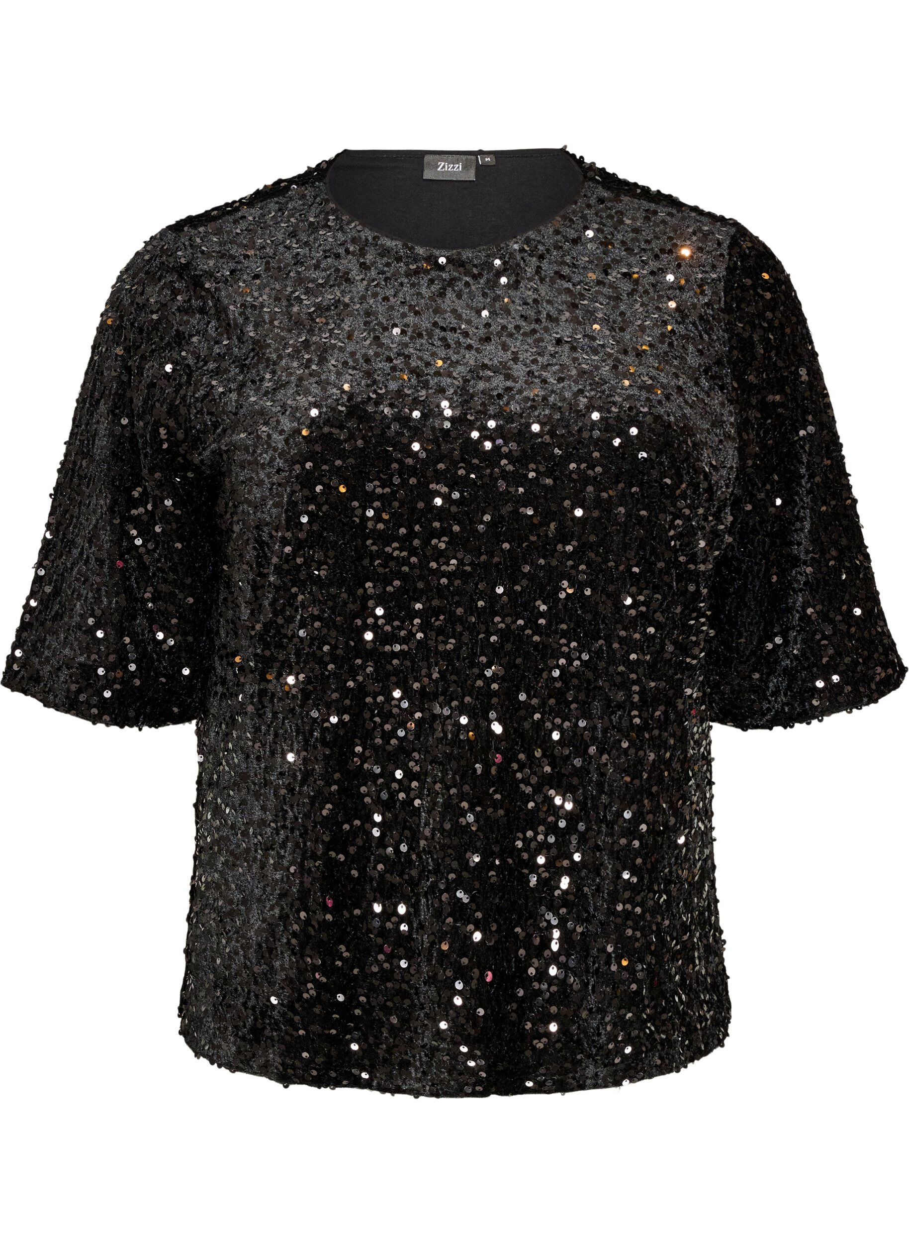 ZizziBluse mit Pailletten und ellenbogenlangen &Auml;rmeln, Schwarz, Packshot image number 0