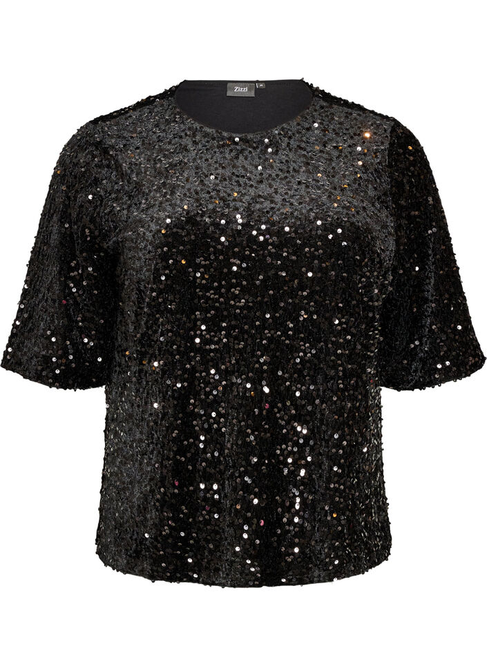 Bluse mit Pailletten und ellenbogenlangen &Auml;rmeln, Schwarz, Packshot image number 0
