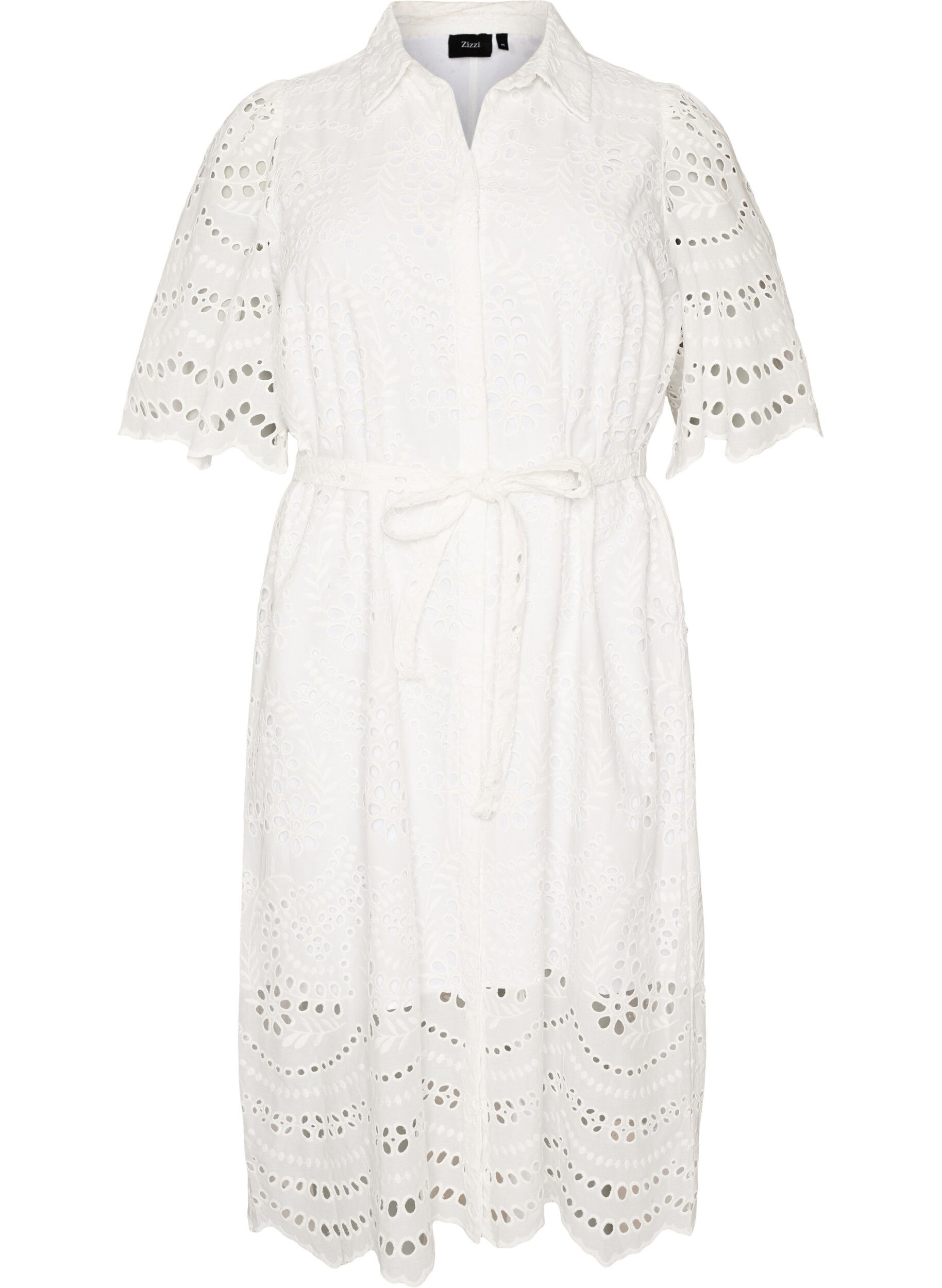 Hemdblusenkleid aus Broderie Anglaise mit Bindeg&uuml;rtel