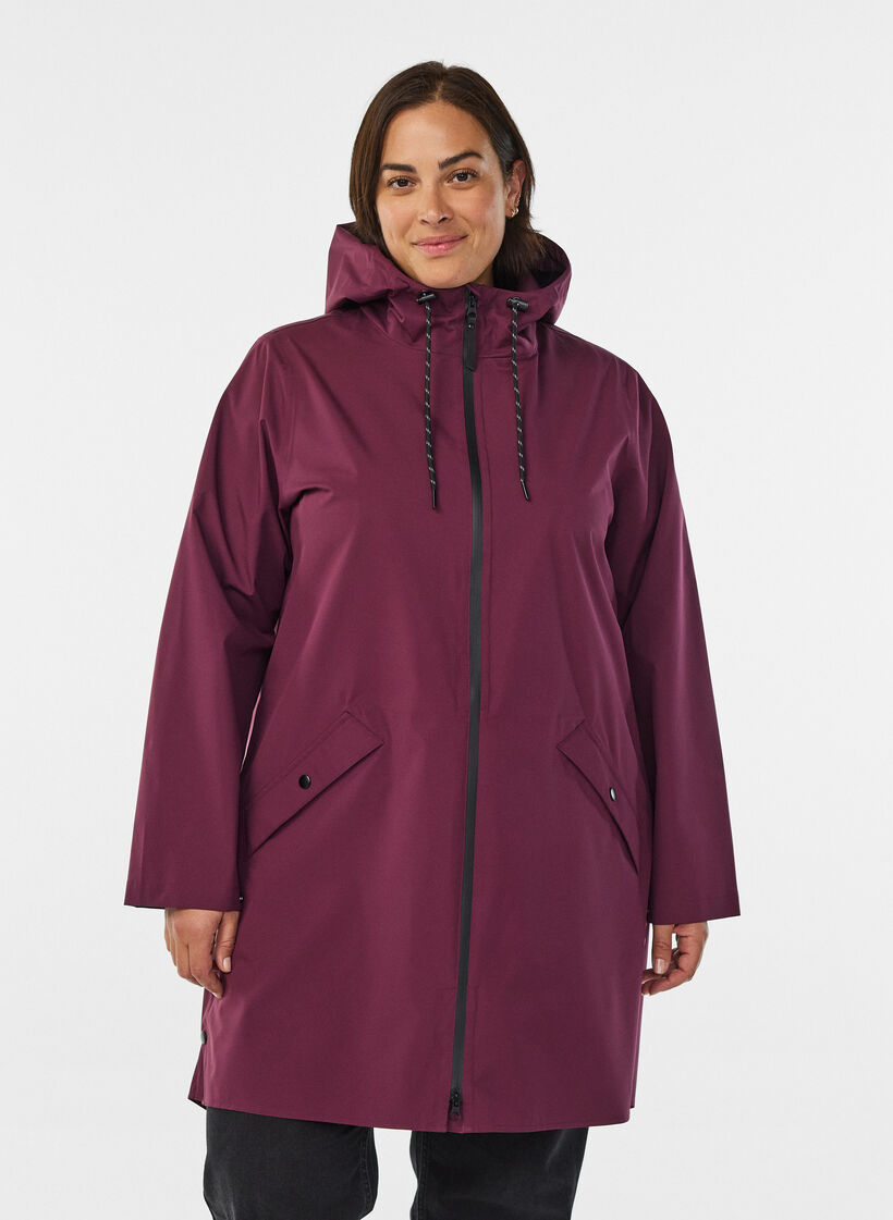 Regenjacke mit Taschen und Kapuze., Dunkles Bordeaux, Model image number 0