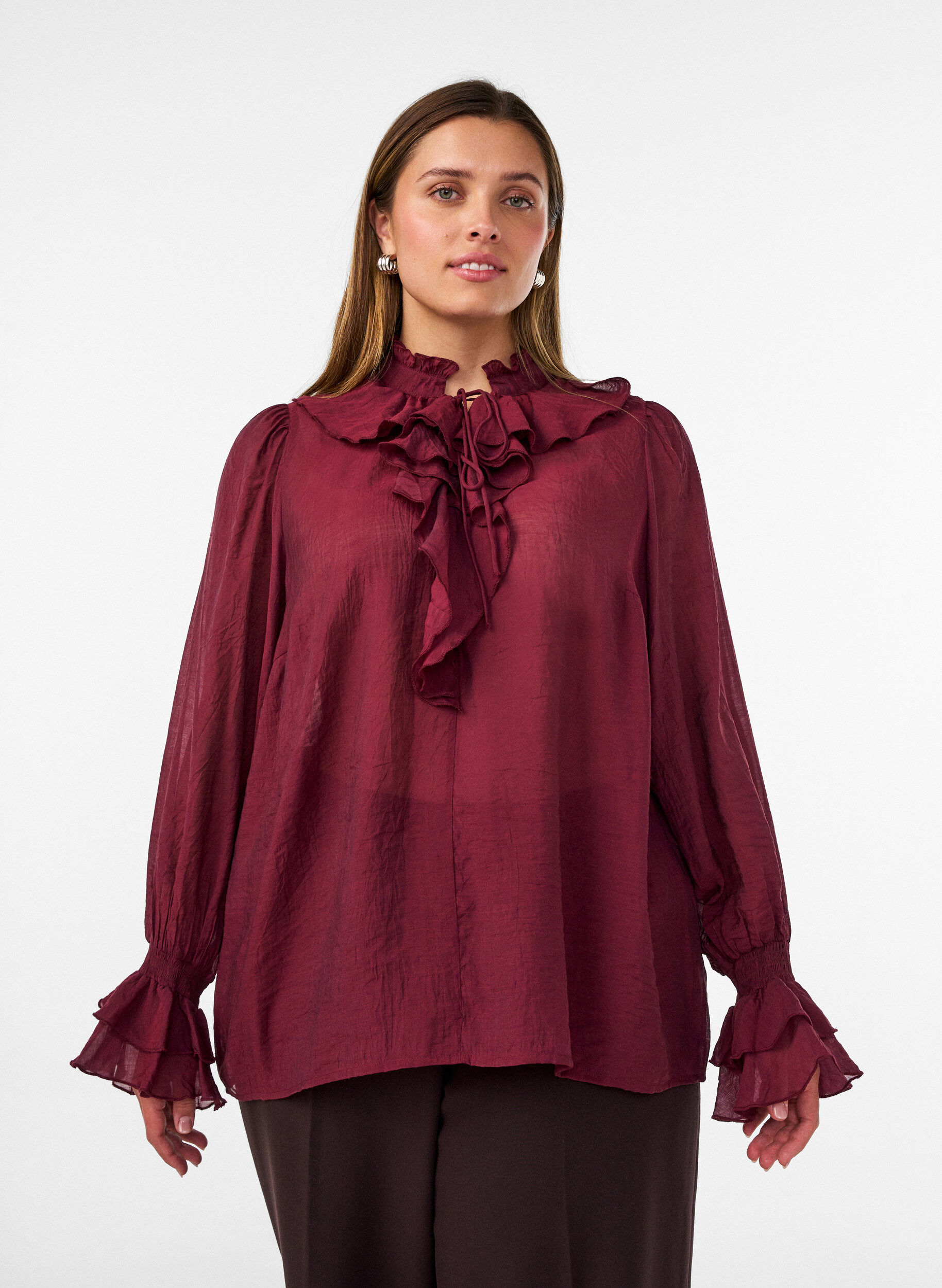 ZizziViskosebluse mit R&uuml;schen und langen &Auml;rmeln, Rot, Model image number 0
