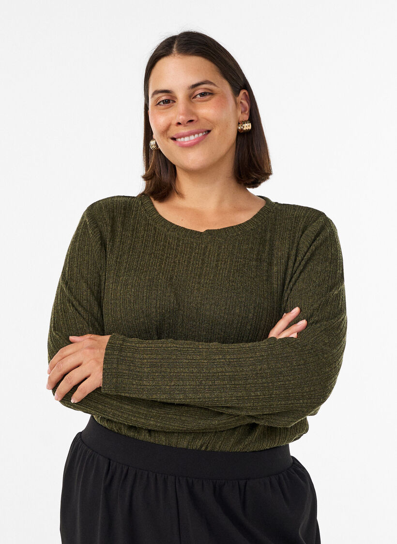 Bluse aus Jersey mit Rippstruktur und langen &Auml;rmeln, Gr&uuml;n, Model image number 0