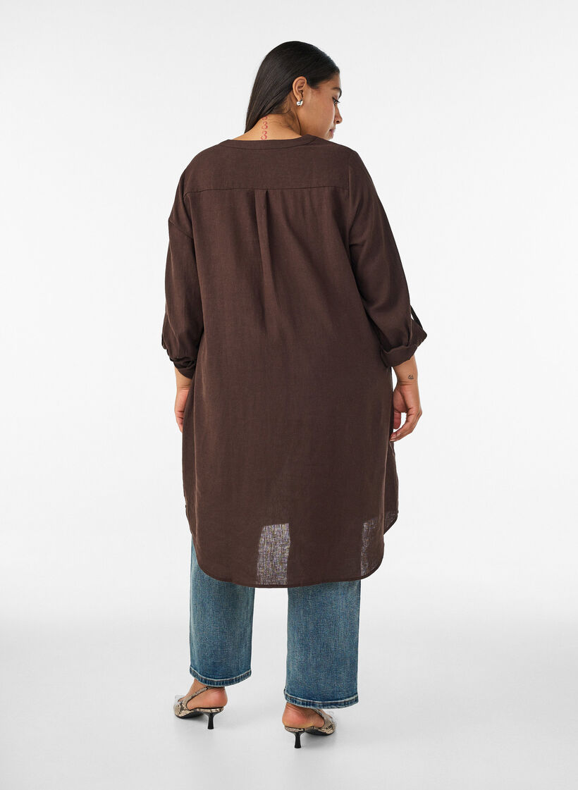 Chemise longue en lin et viscose, Marron, Model image number 1