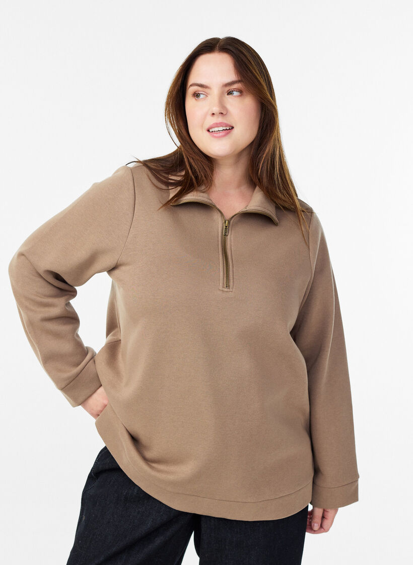 Sweatshirt mit hohem Kragen und Reißverschluss, Braun, Model image number 0