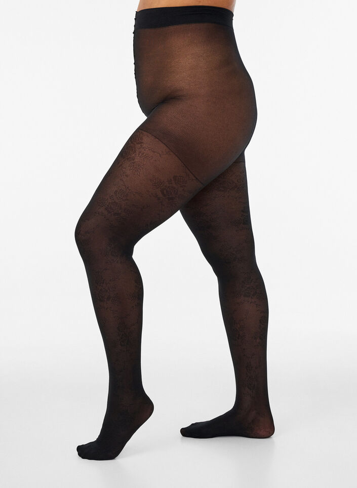 50-Den-Strumpfhose mit Blumenmuster, Schwarz, Packshot image number 0