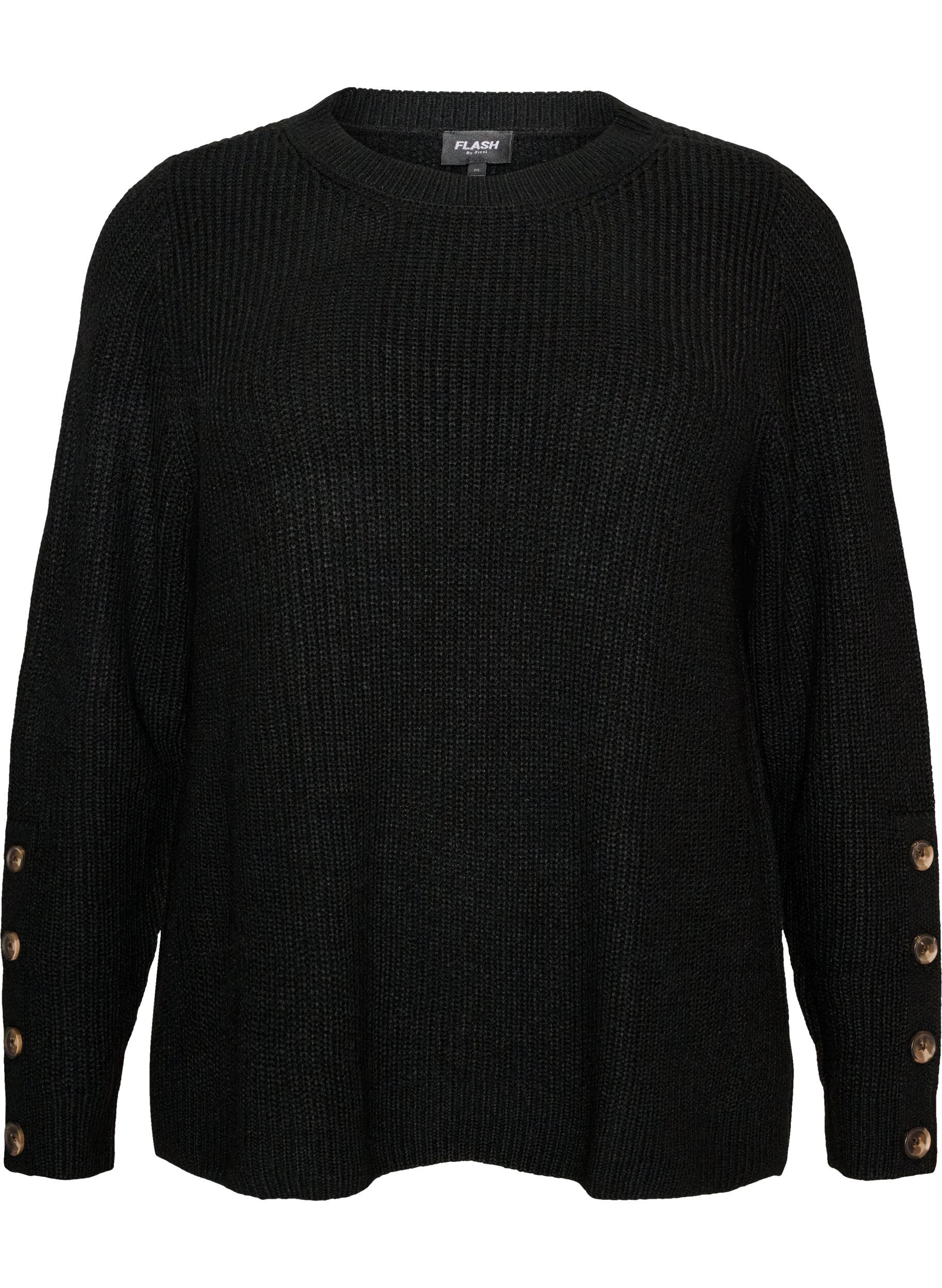 ZizziStrickbluse mit Rippstruktur und Knopfdetails, Schwarz, Packshot image number 0
