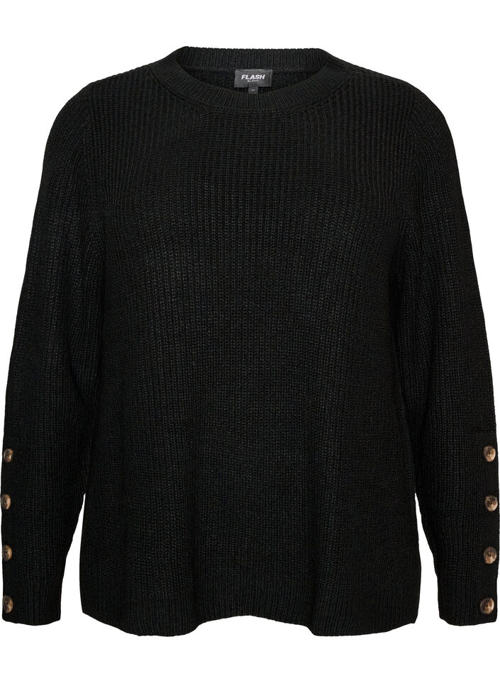 Strickbluse mit Rippstruktur und Knopfdetails, Schwarz, Packshot image number 0
