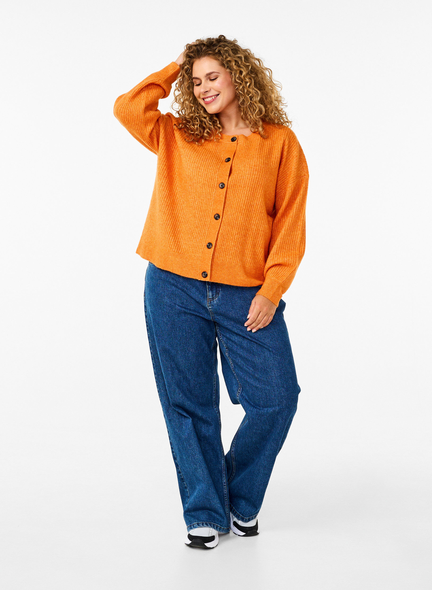 Zizzi Cardigan en tricot c&ocirc;tel&eacute; avec boutons, Orange fonc&eacute;, Model image number 1