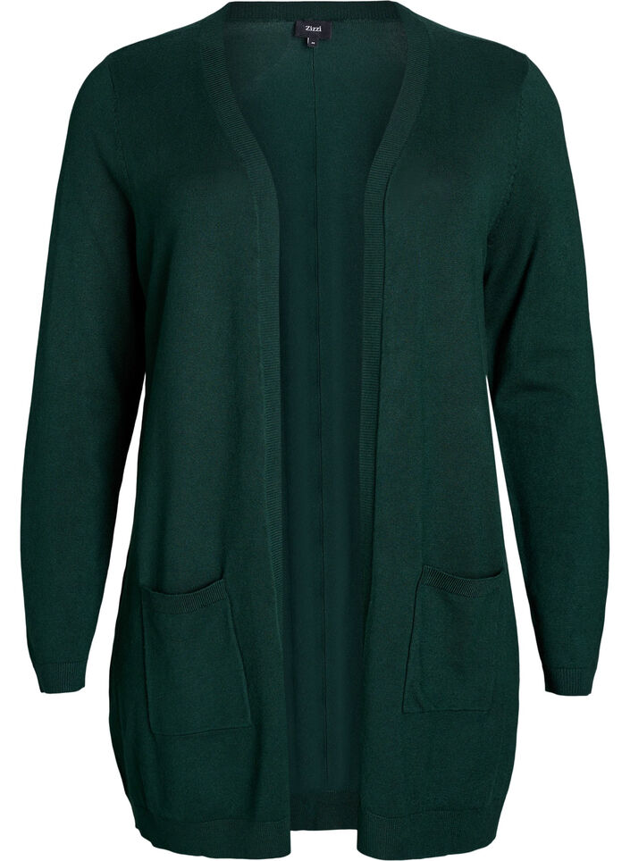 Long cardigan tricot&eacute; en m&eacute;lange de viscose, Vert fonc&eacute;, Packshot image number 0