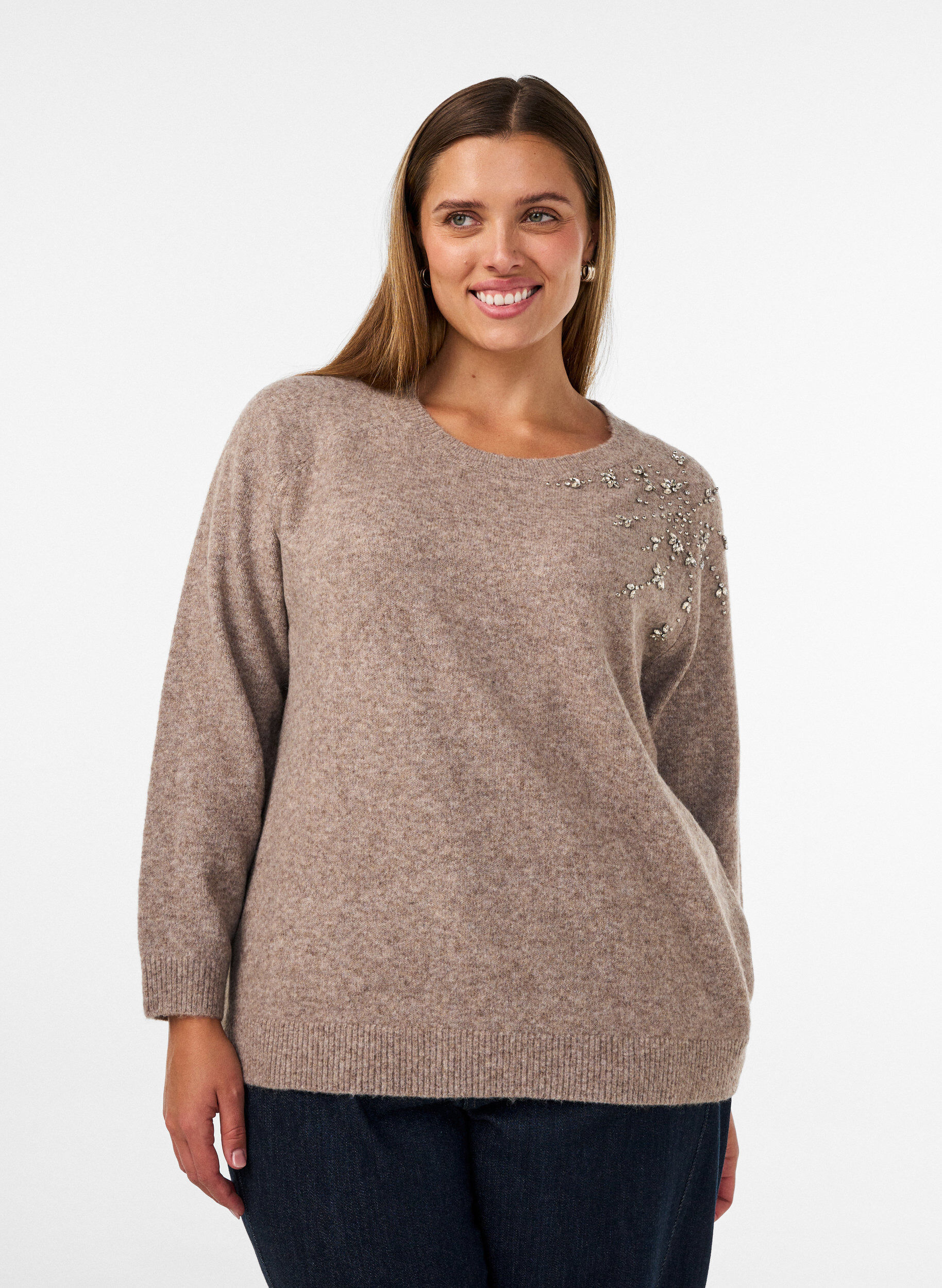 ZizziBluse aus Strick mit Strasssteinen und Nieten, Beige, Model image number 0