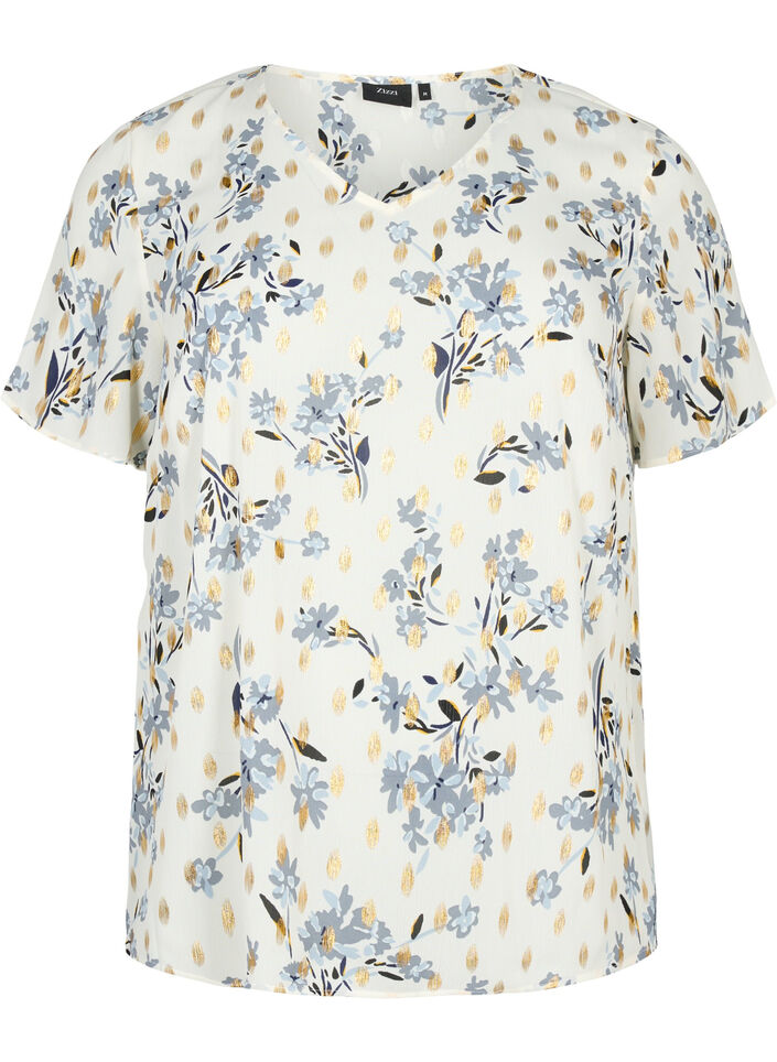 Bluse mit Druck und Lurex, White Flower/Gold, Packshot image number 0