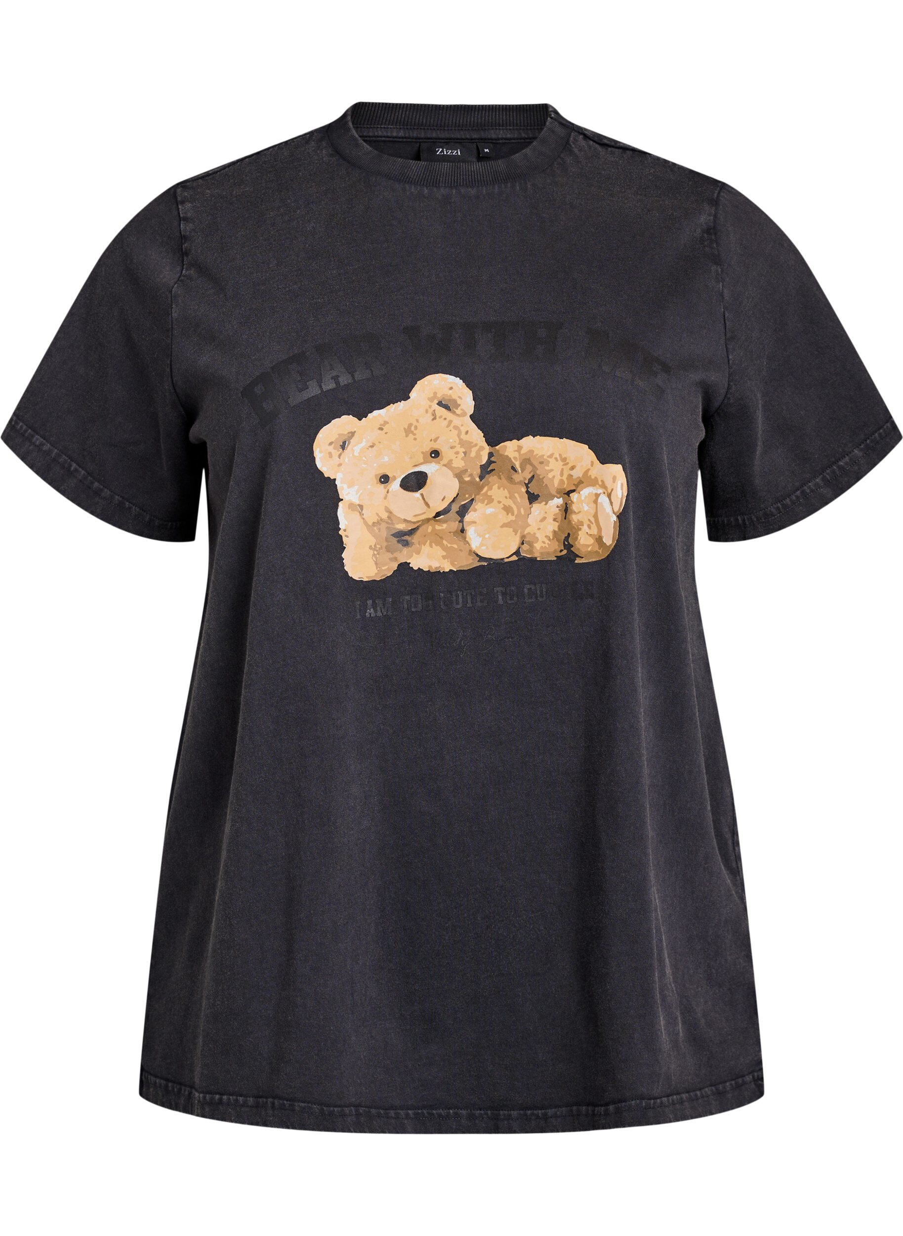 Zizzi T-shirt &agrave; imprim&eacute; nounours et effet d&eacute;lav&eacute;, Gris, Packshot image number 0