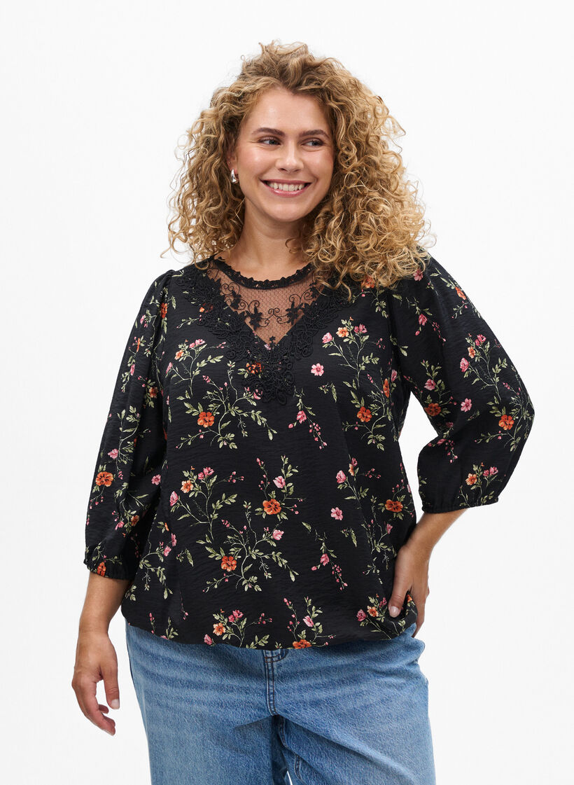 Bluse aus Spitze mit 3/4-&Auml;rmeln, Schwarz, Model image number 0
