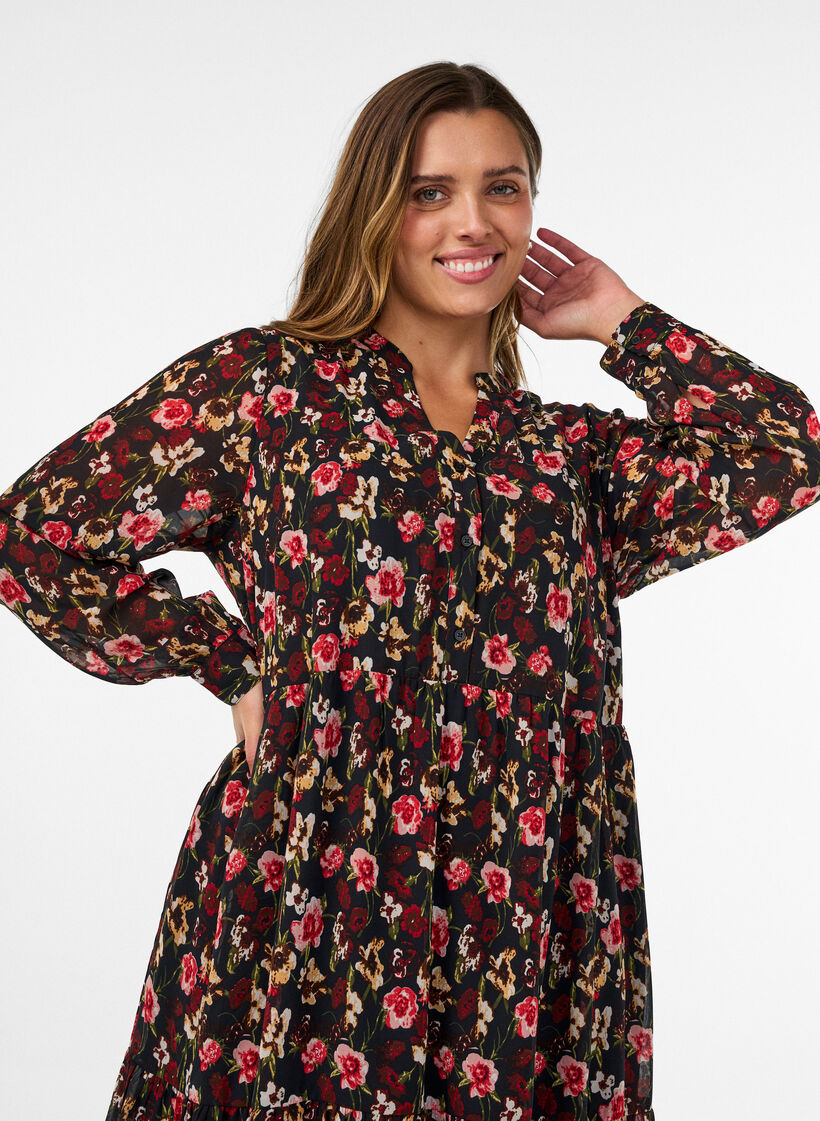 Kleid mit Allover-Muster und einer Volantlage, Schwarz, Model image number 2