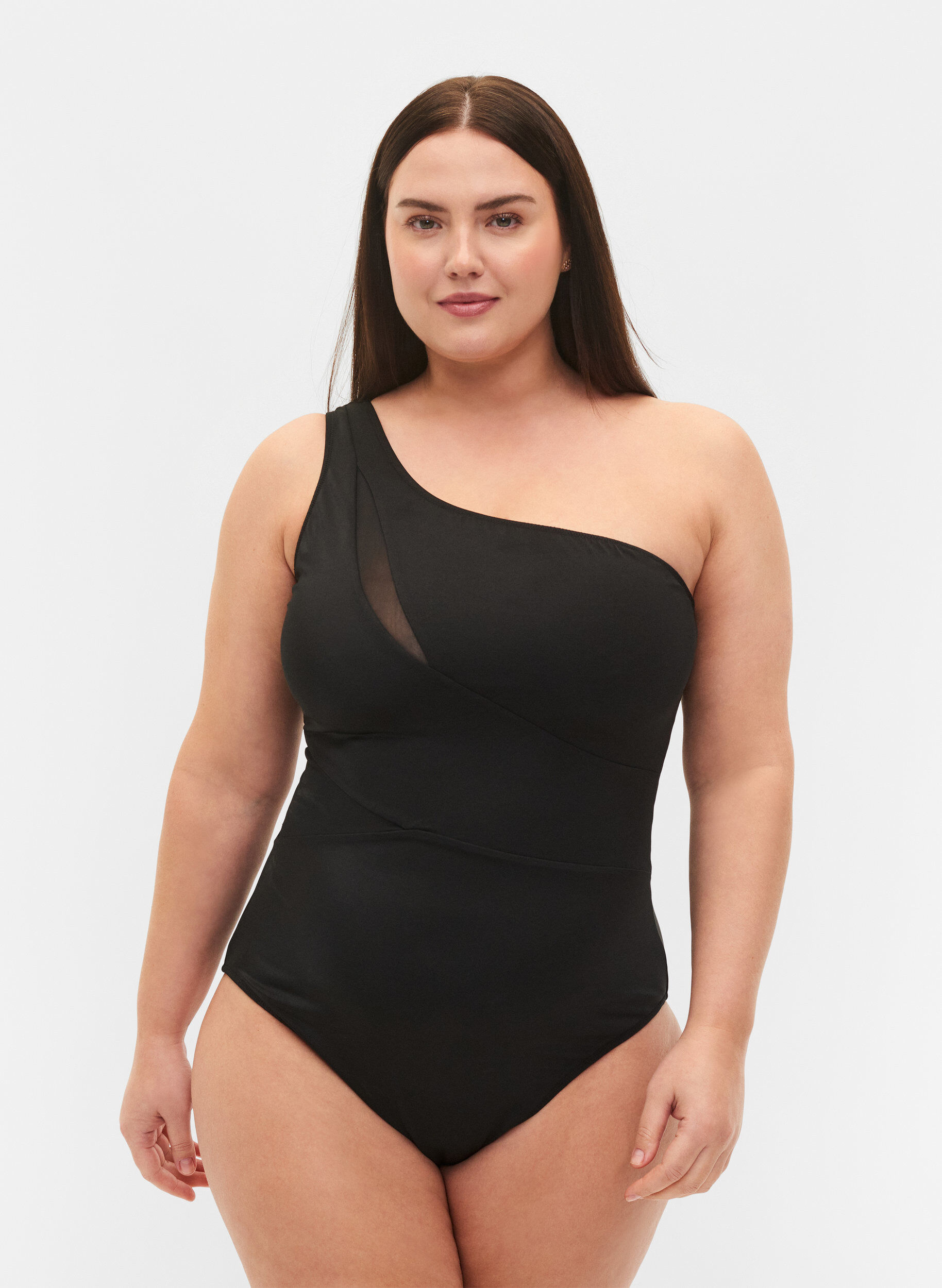 Zizzi Maillot de bain uni-&eacute;paule en maille, Black, Model image number 0