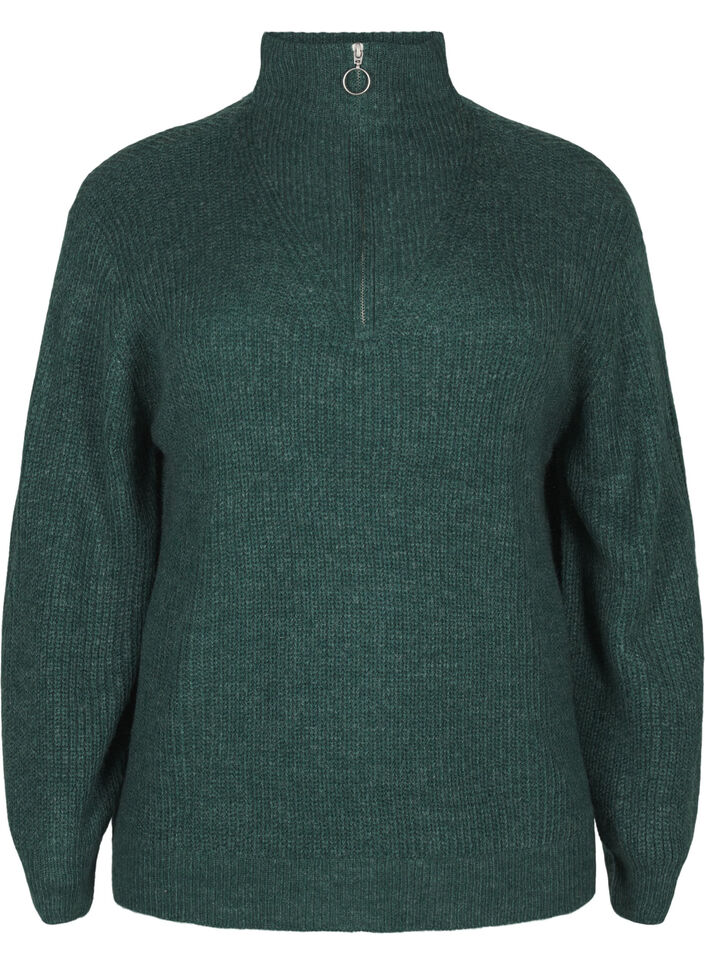 Pull en tricot avec col haut et fermeture &eacute;clair, Vert fonc&eacute;, Packshot image number 0