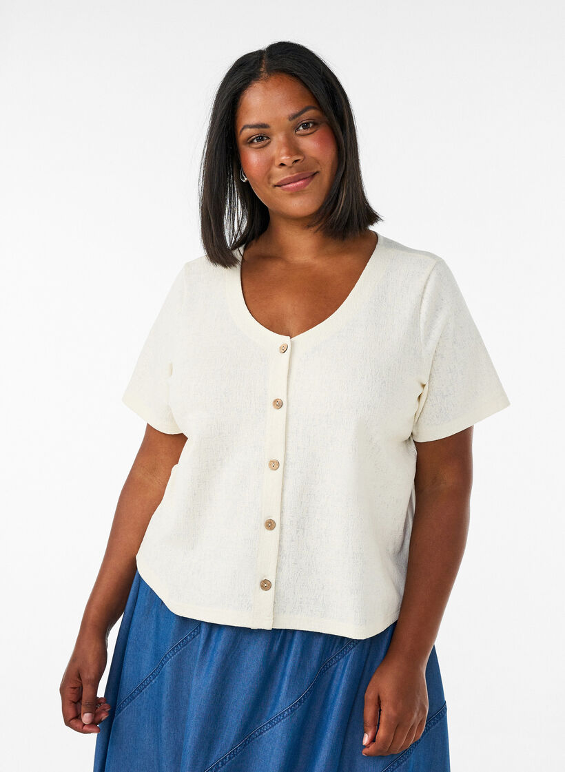 Strukturierte Bluse aus Baumwolle mit Knopfleiste, Vanille, Model image number 0