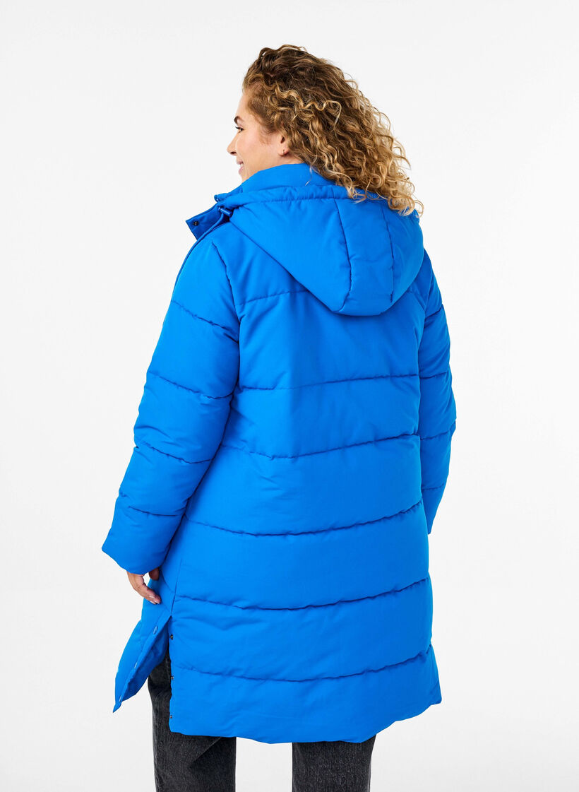 Longue veste polaire avec poches et capuche, Bleu, Model image number 2