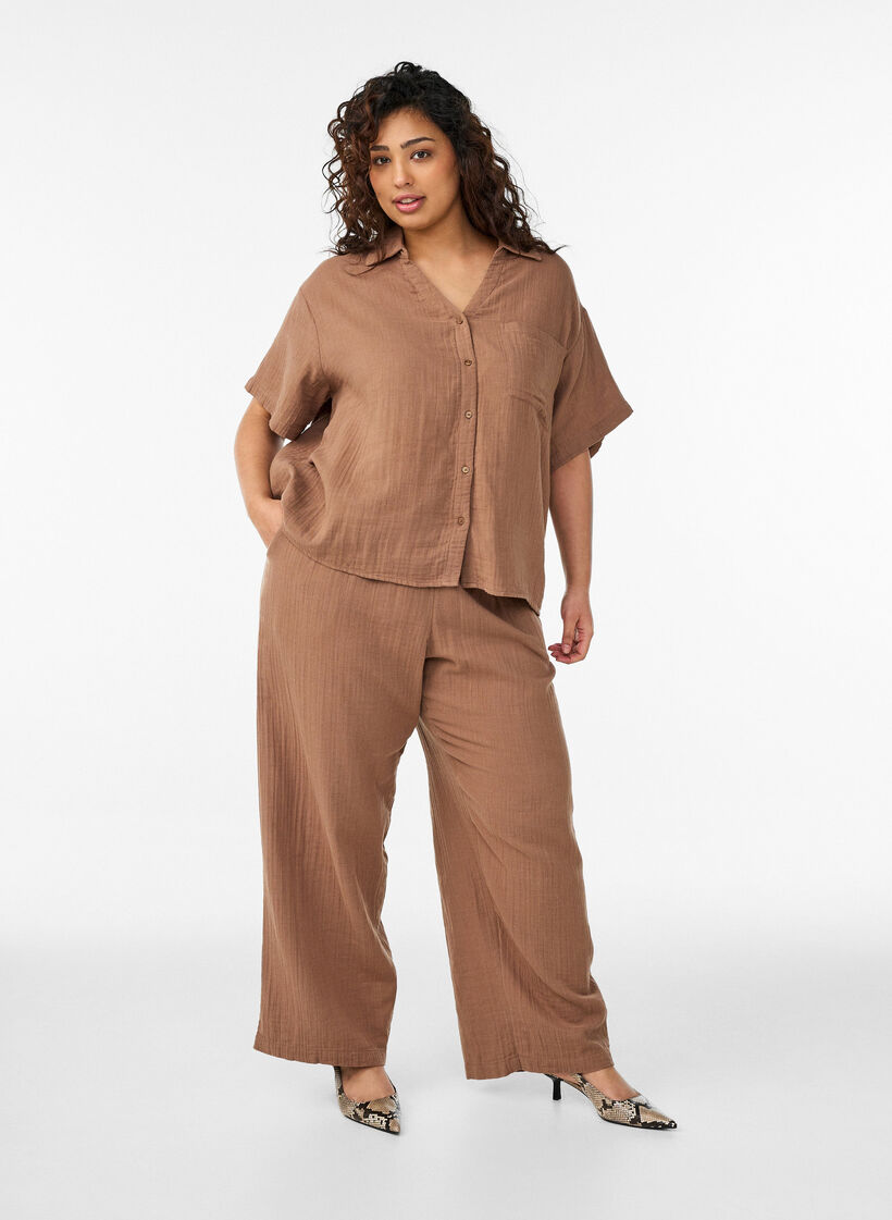 Blouse en mousseline de coton &agrave; manches courtes, Marron, Model image number 1