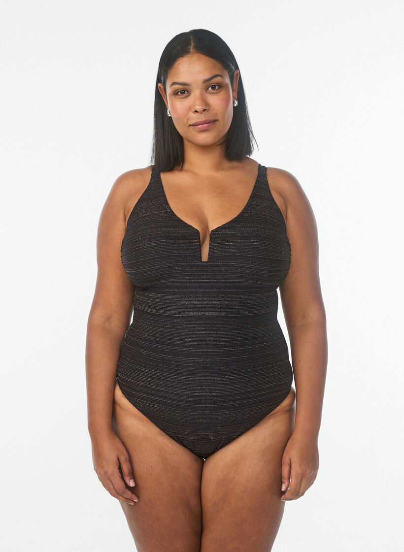 Maillot de bain &agrave; rayures textur&eacute;es avec d&eacute;tail sur le devant, Noir, Model image number 0