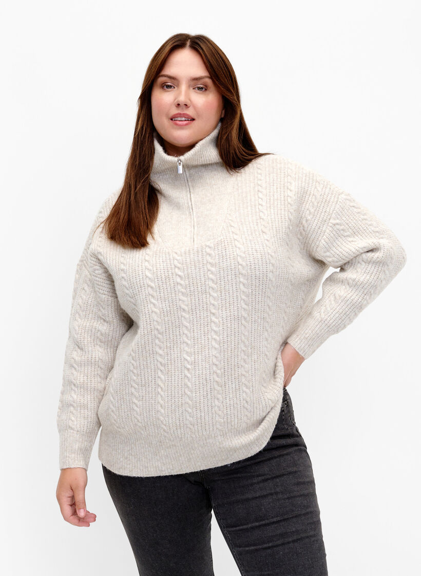 Pullover mit Zopfmuster und Reißverschluss, Pumice Stone Mel., Model image number 0