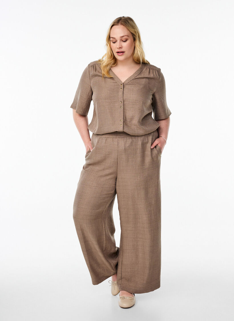 Pantalon ample avec ceinture &eacute;lastique et poches, Marron, Model image number 0