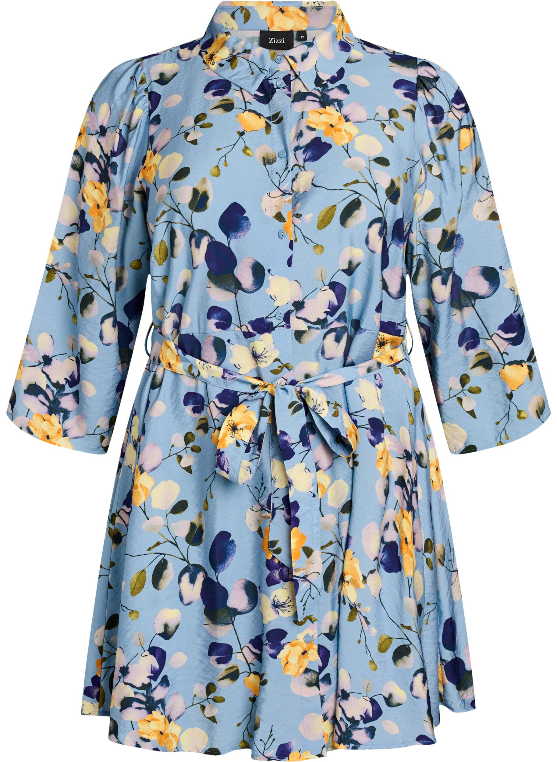 Zizzi Gemusterte Tunika mit Bindeg&uuml;rtel und 3/4-&Auml;rmeln, Blau, Packshot image number 0