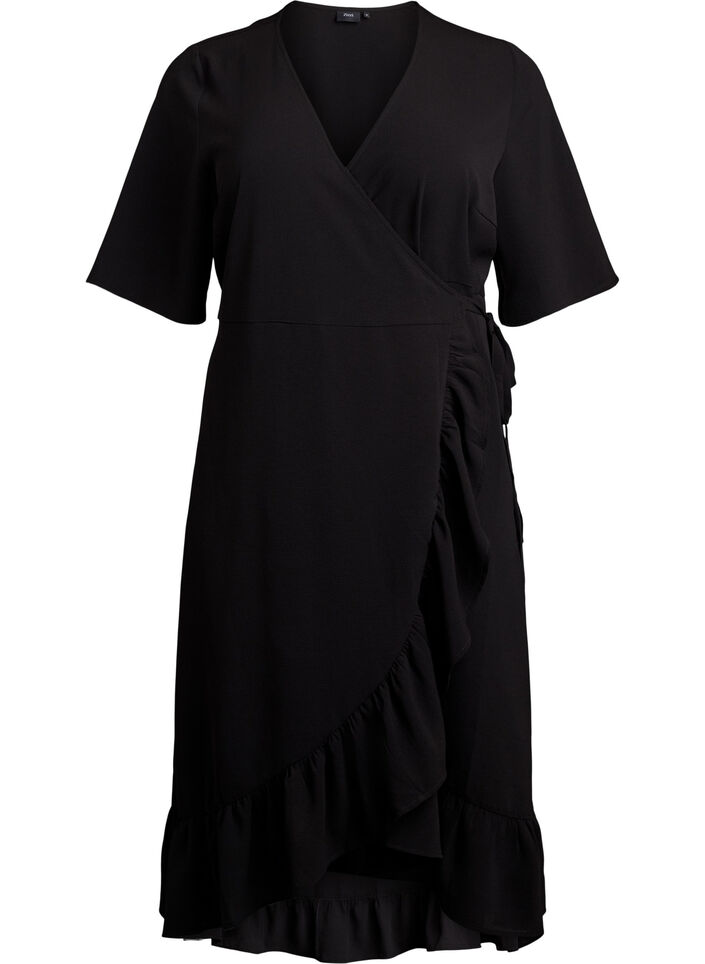 Einfarbiges Wickelkleid mit kurzen Ärmeln, Schwarz, Packshot image number 0