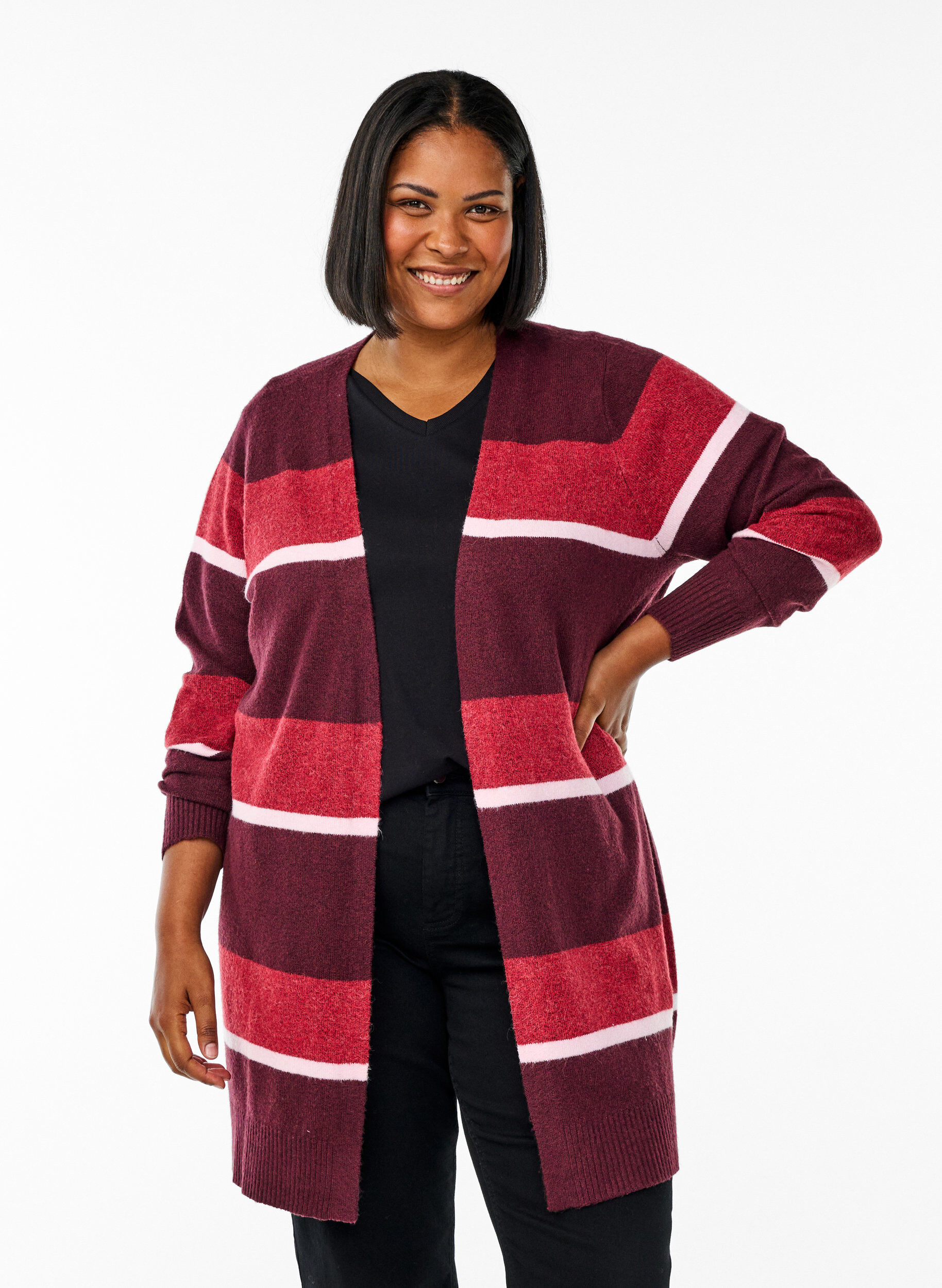 Zizzi Lange Strickjacke mit breiten Streifen, Dunkles Bordeaux, Model image number 0