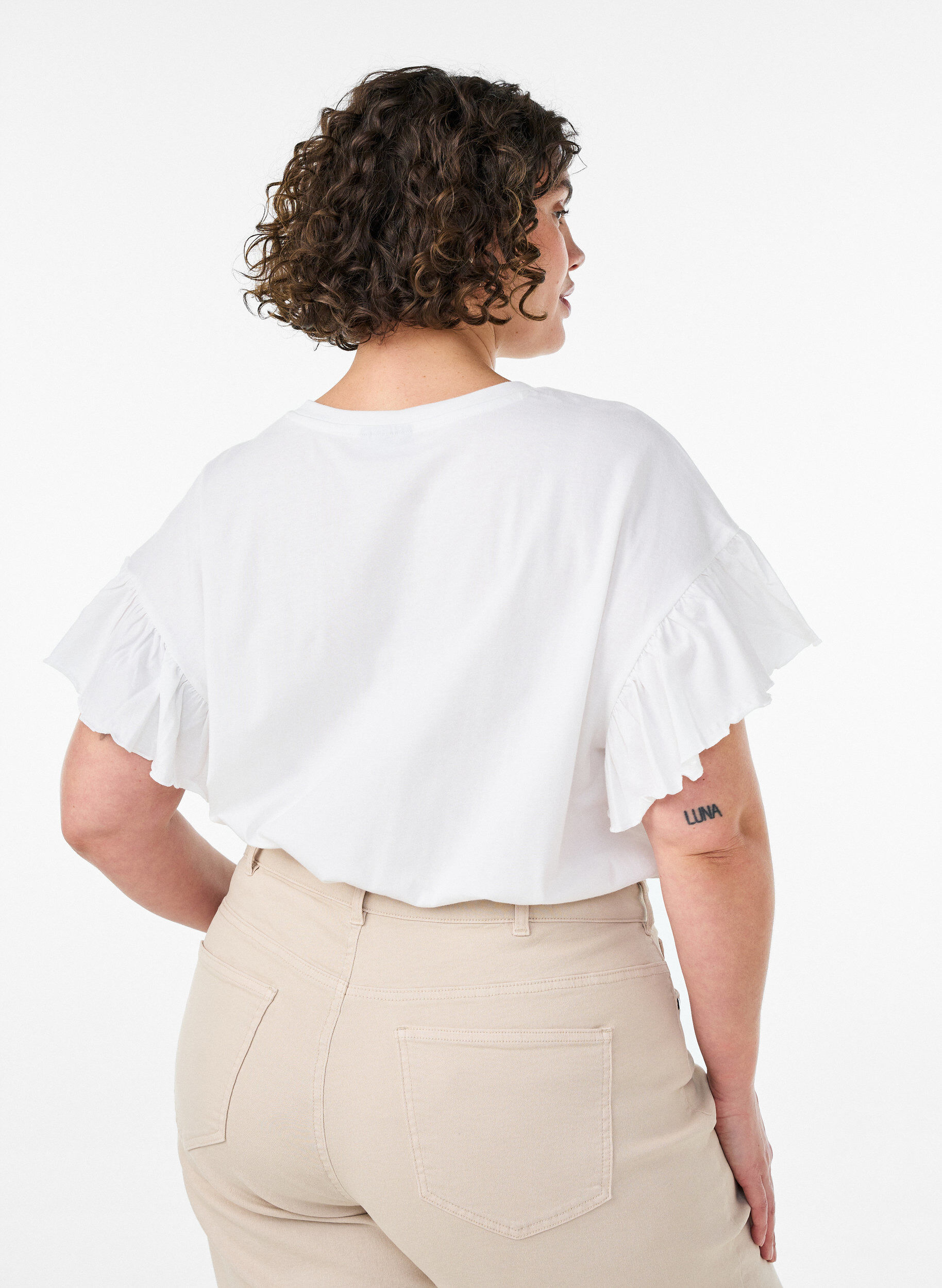 ZizziT-shirt en coton bio avec manches &agrave; volants, Blanc, Model image number 2
