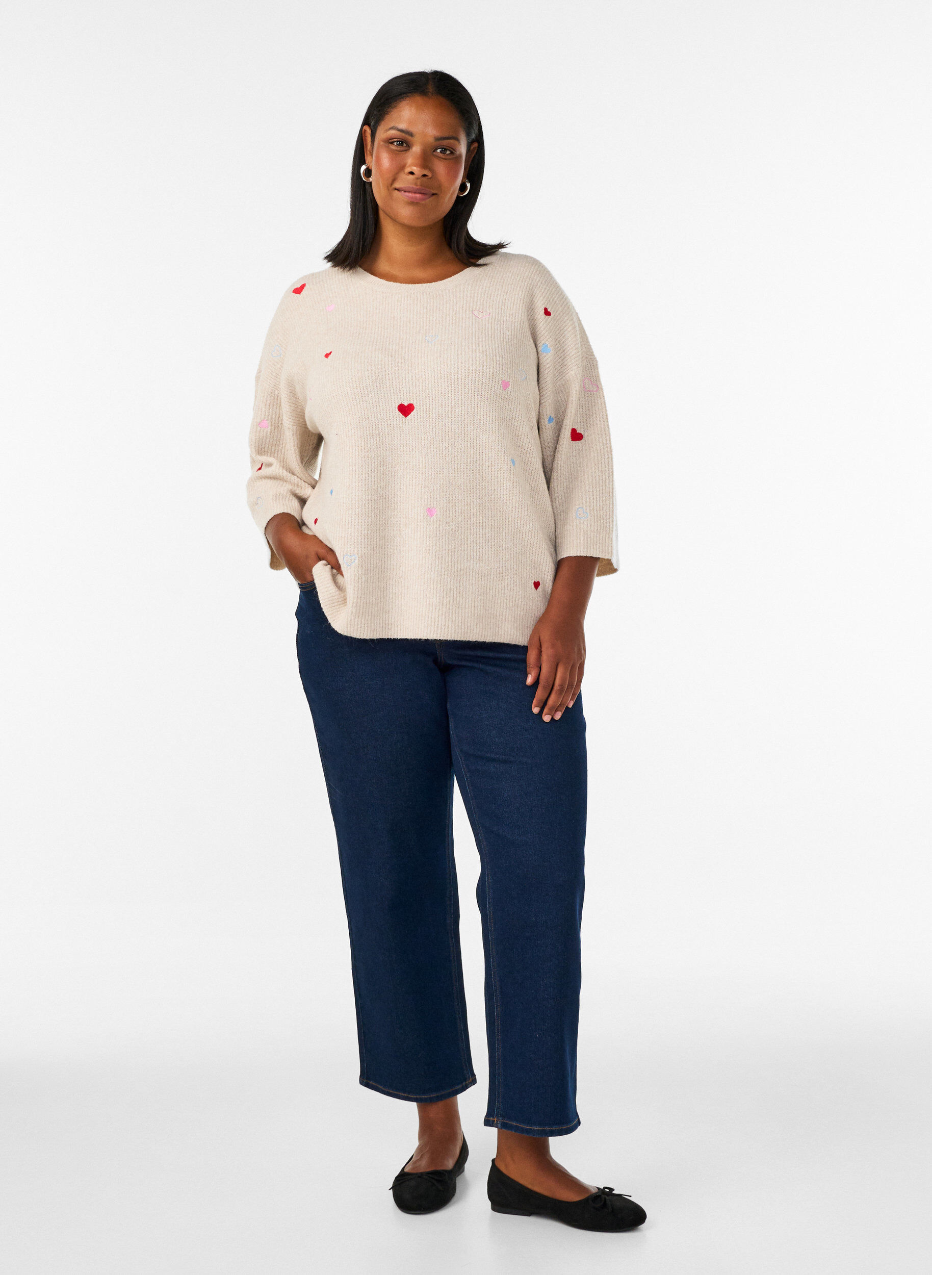 ZizziChemisier en jersey avec des c&oelig;urs et manches 3/4, Beige, Model image number 1