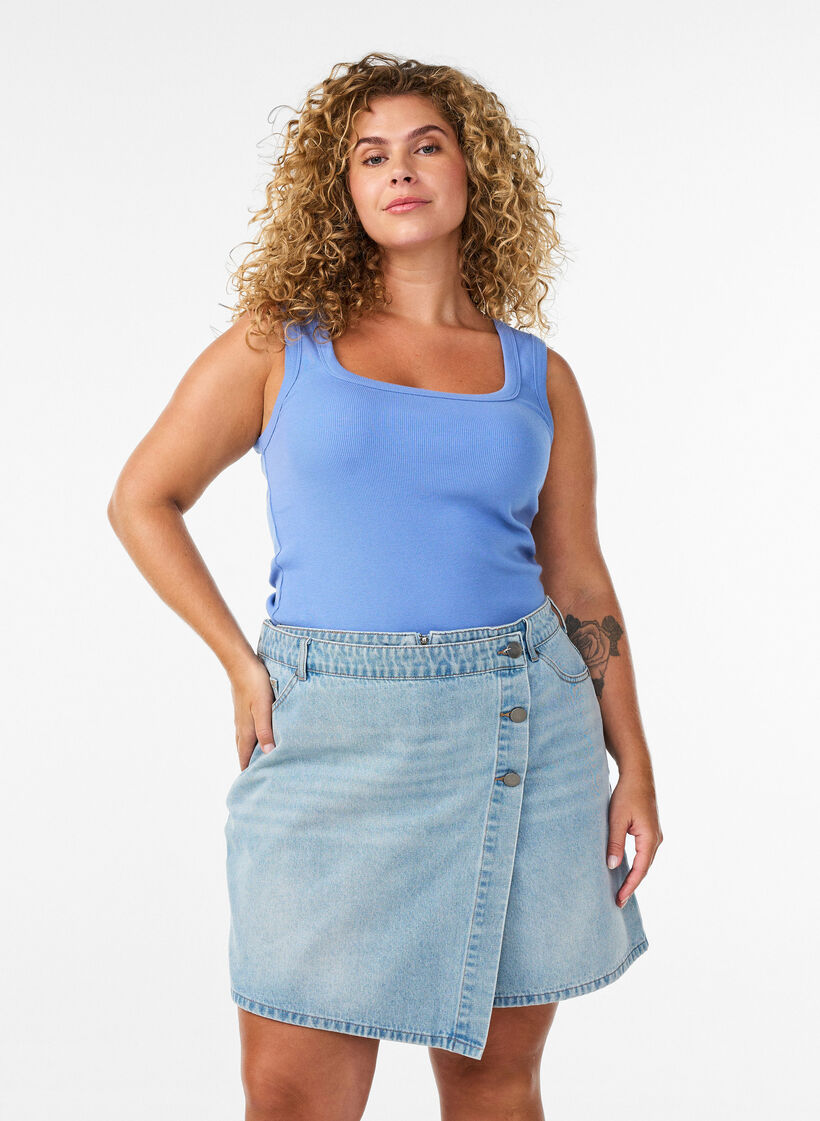 Denimskort mit Wickeloptik und hoher Taille, Blau, Model image number 0
