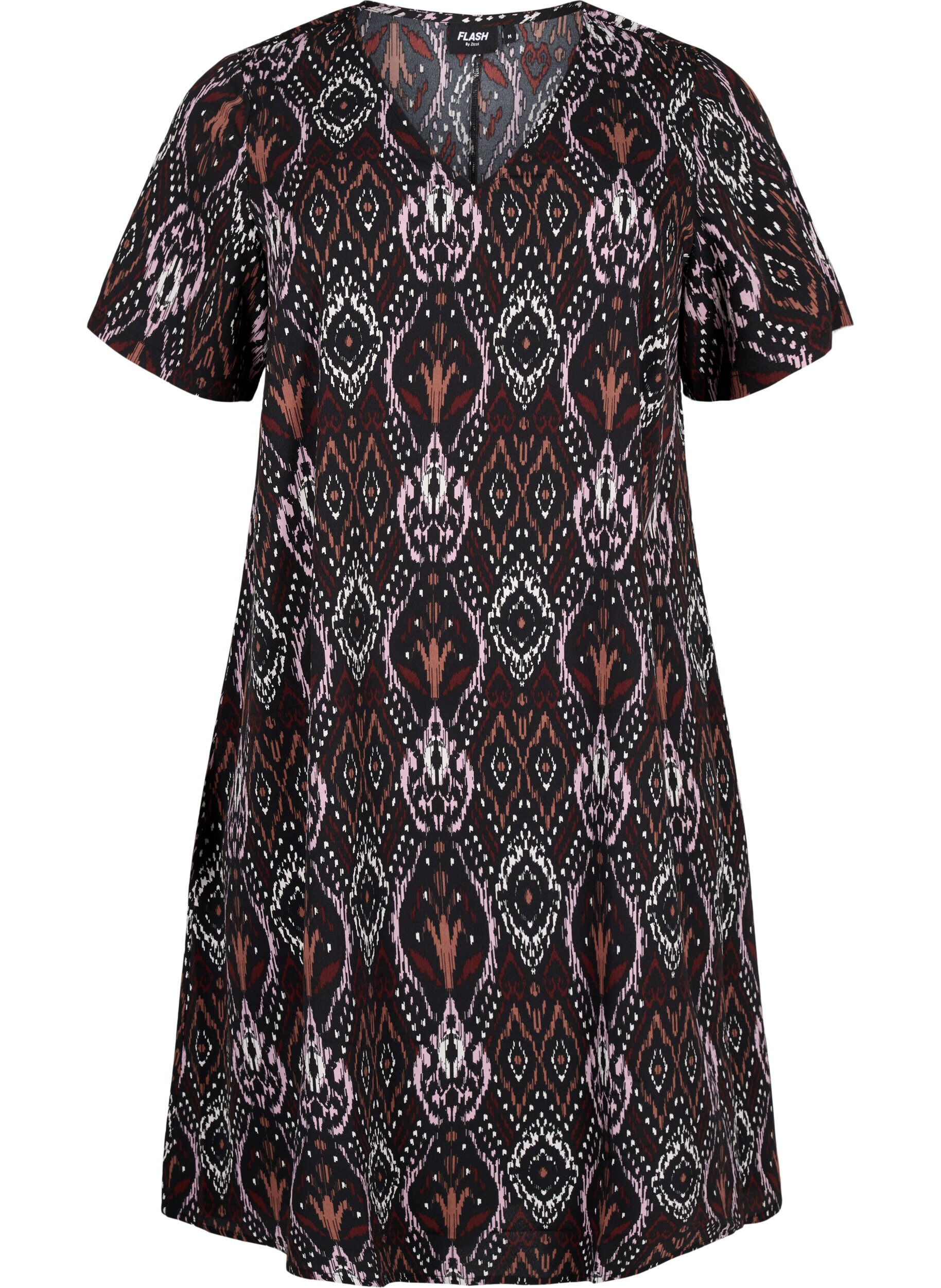 Zizzi Robe FLASH &agrave; col en V avec imprim&eacute;, Black Rose Ethnic, Packshot image number 0