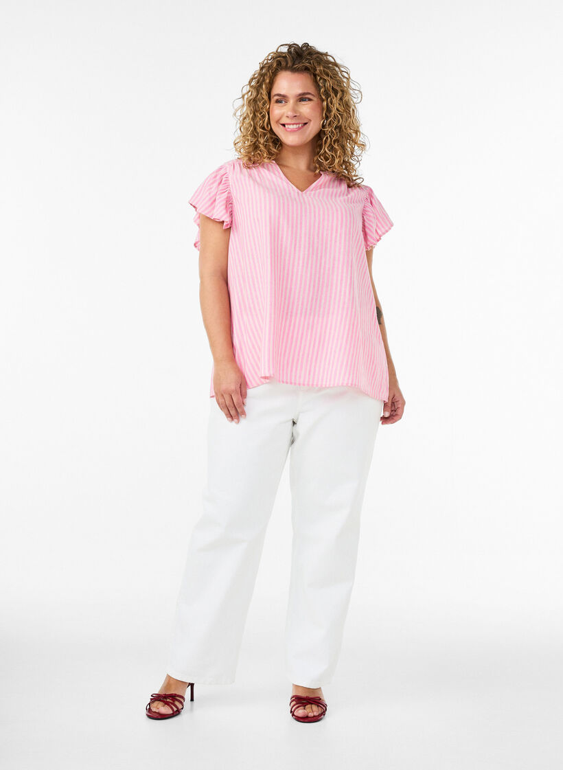 Blouse en viscose et lin avec manches &agrave; volants, Rose, Model image number 1