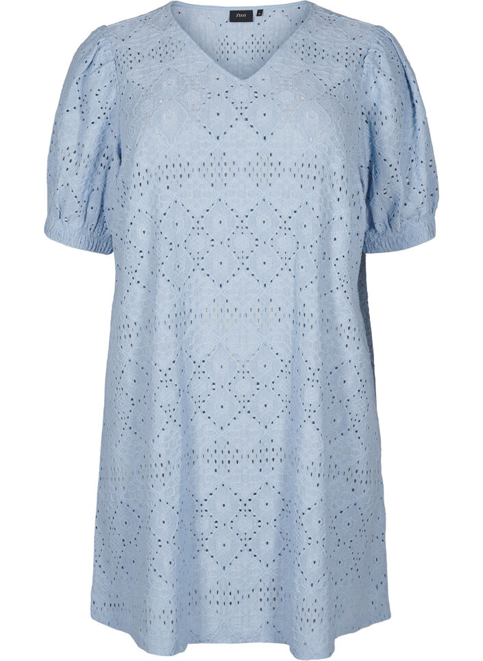 Robe courte avec col en V et motifs à trous, Cashmere Blue, Packshot image number 0