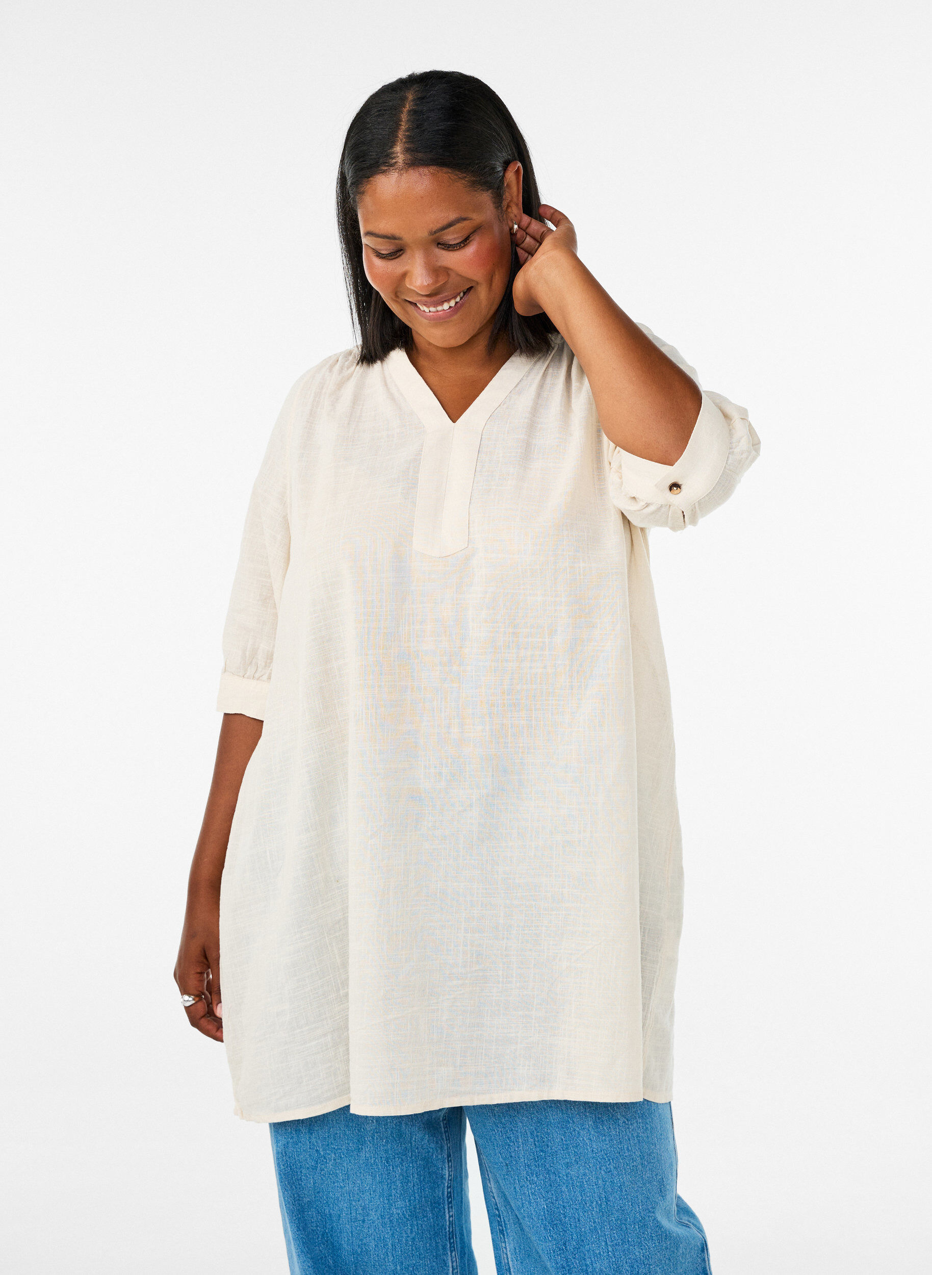 ZizziCotton tunic with V-neck, Vanilla, Model image number 0