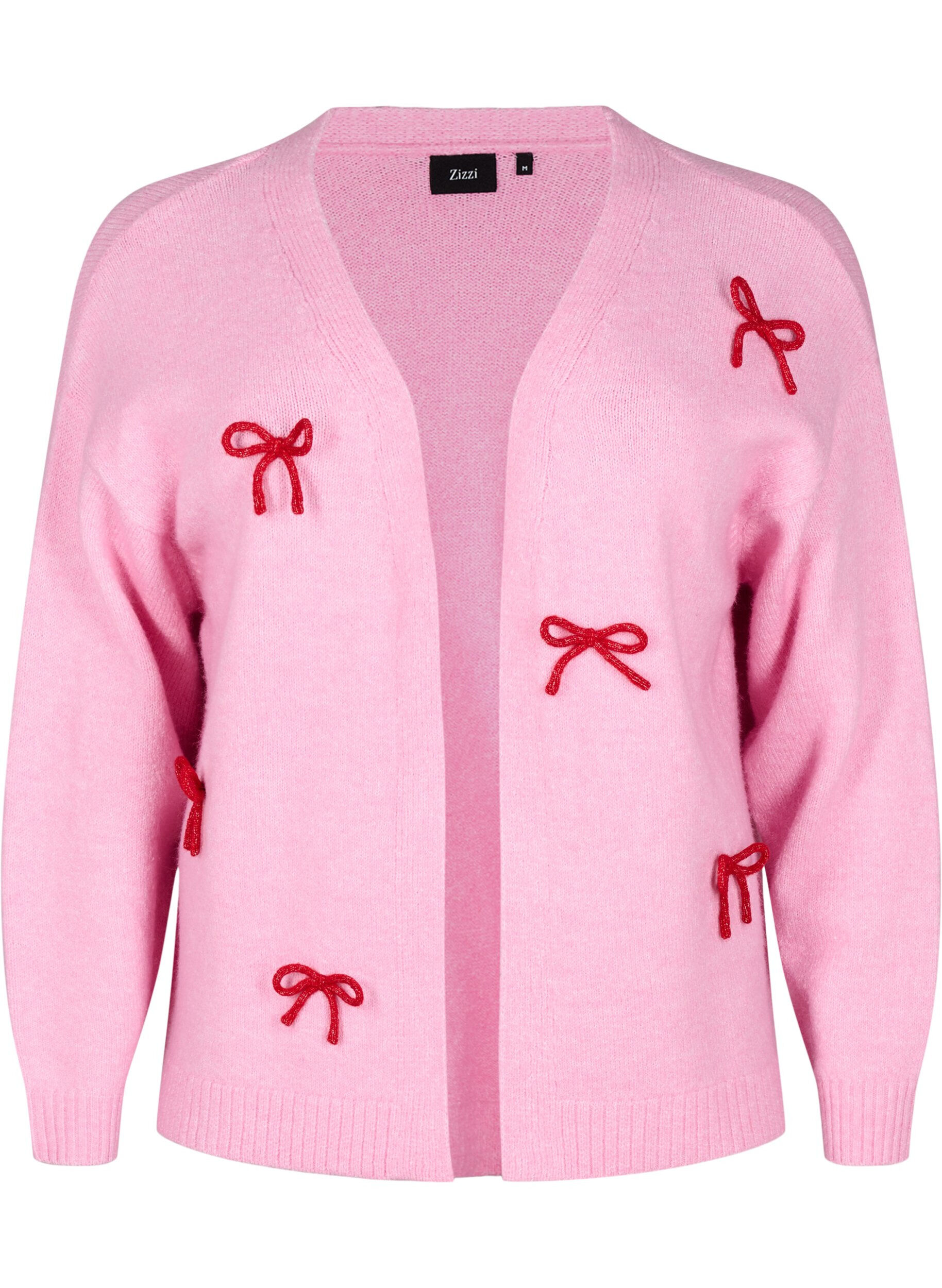 Zizzi Strickjacke aus Grobstrick mit Schleifenb&auml;ndern, Begonia Pink Comb, Packshot image number 0
