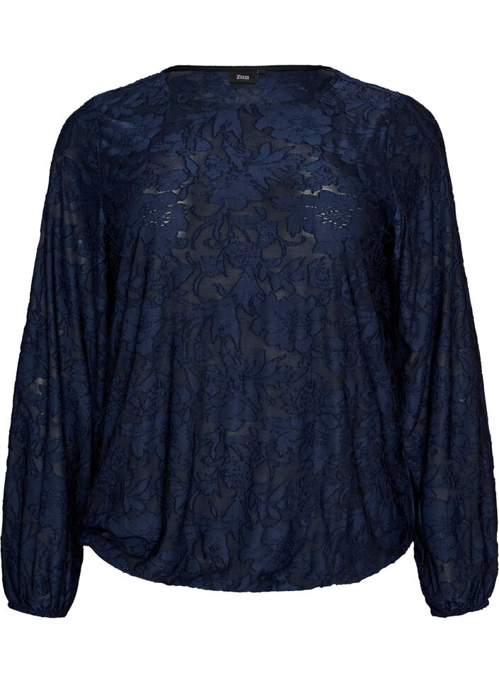 Transparente Bluse mit floraler Struktur und langen &Auml;rmeln, Blau, Packshot image number 0