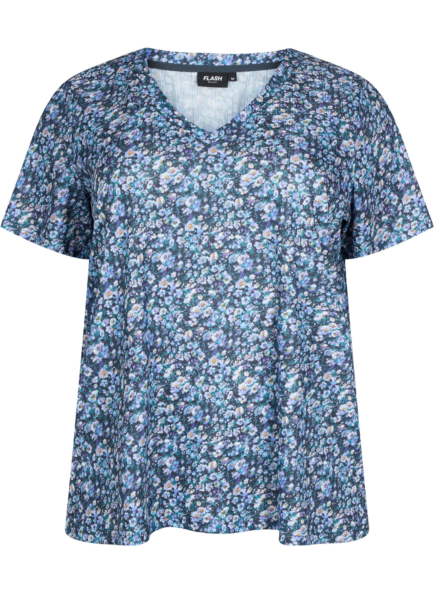 Zizzi FLASH - Bedrucktes T-Shirt mit V-Ausschnitt, Blue Green Ditsy, Packshot image number 0