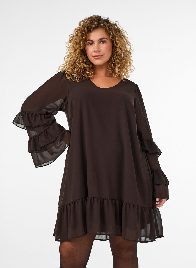 Robe courte avec manches transparentes &agrave; volants, Marron, Model image number 0