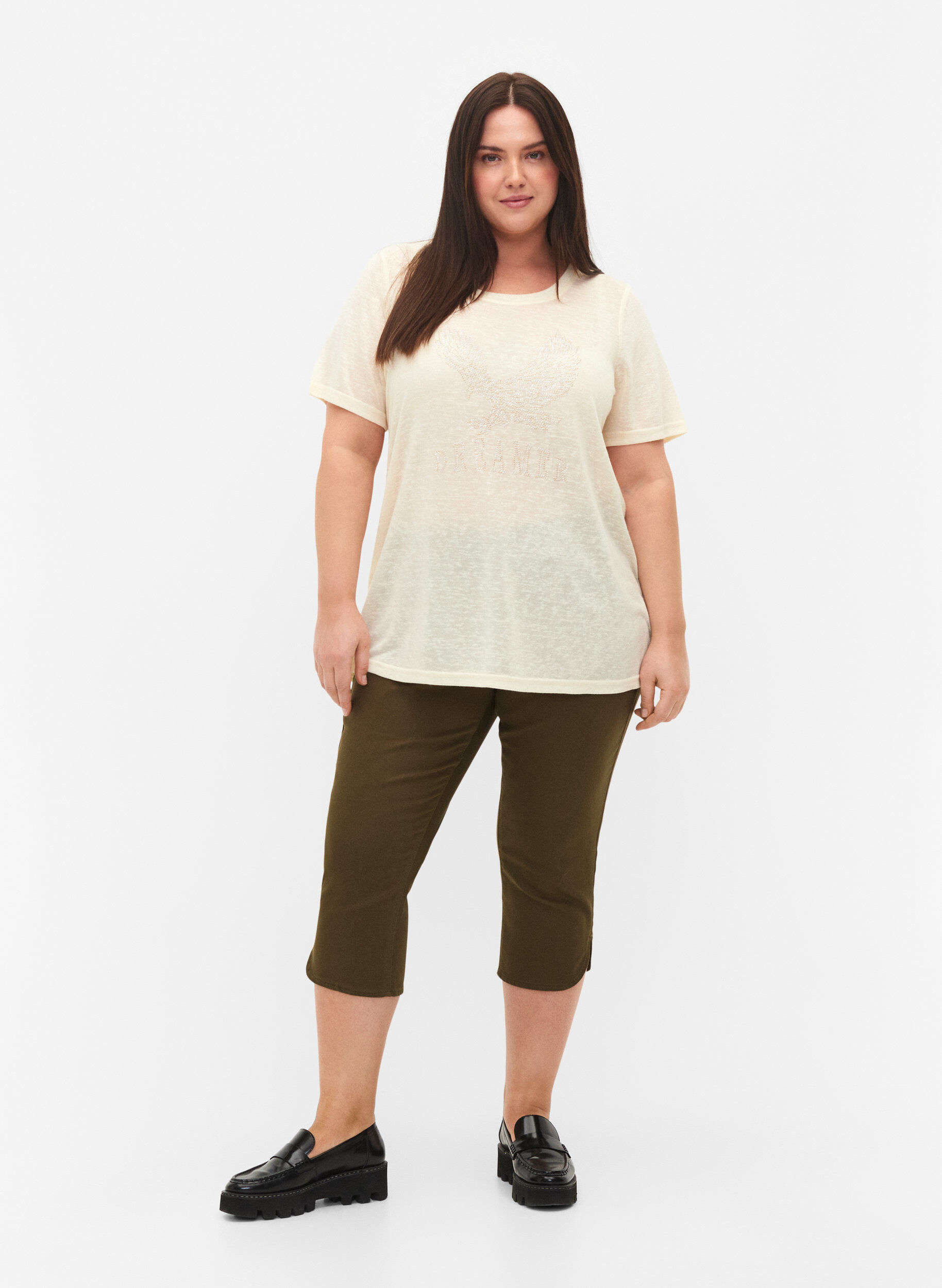 Zizzi Pantacourt moulant en coton m&eacute;lang&eacute;, Ivy Green, Model image number 0