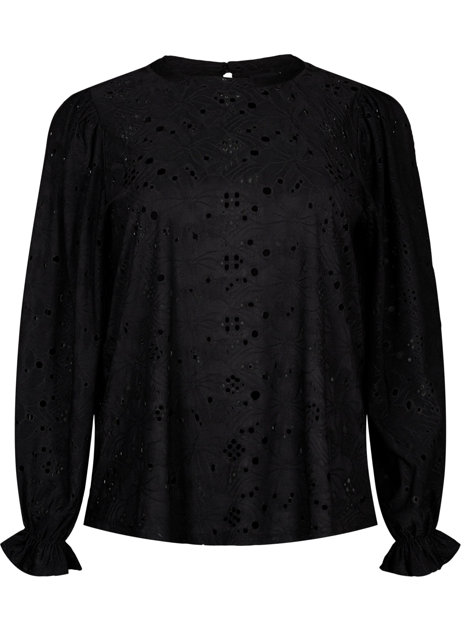 Zizzi  Lang&auml;rmlige Bluse mit Lochmuster, Black, Packshot image number 0